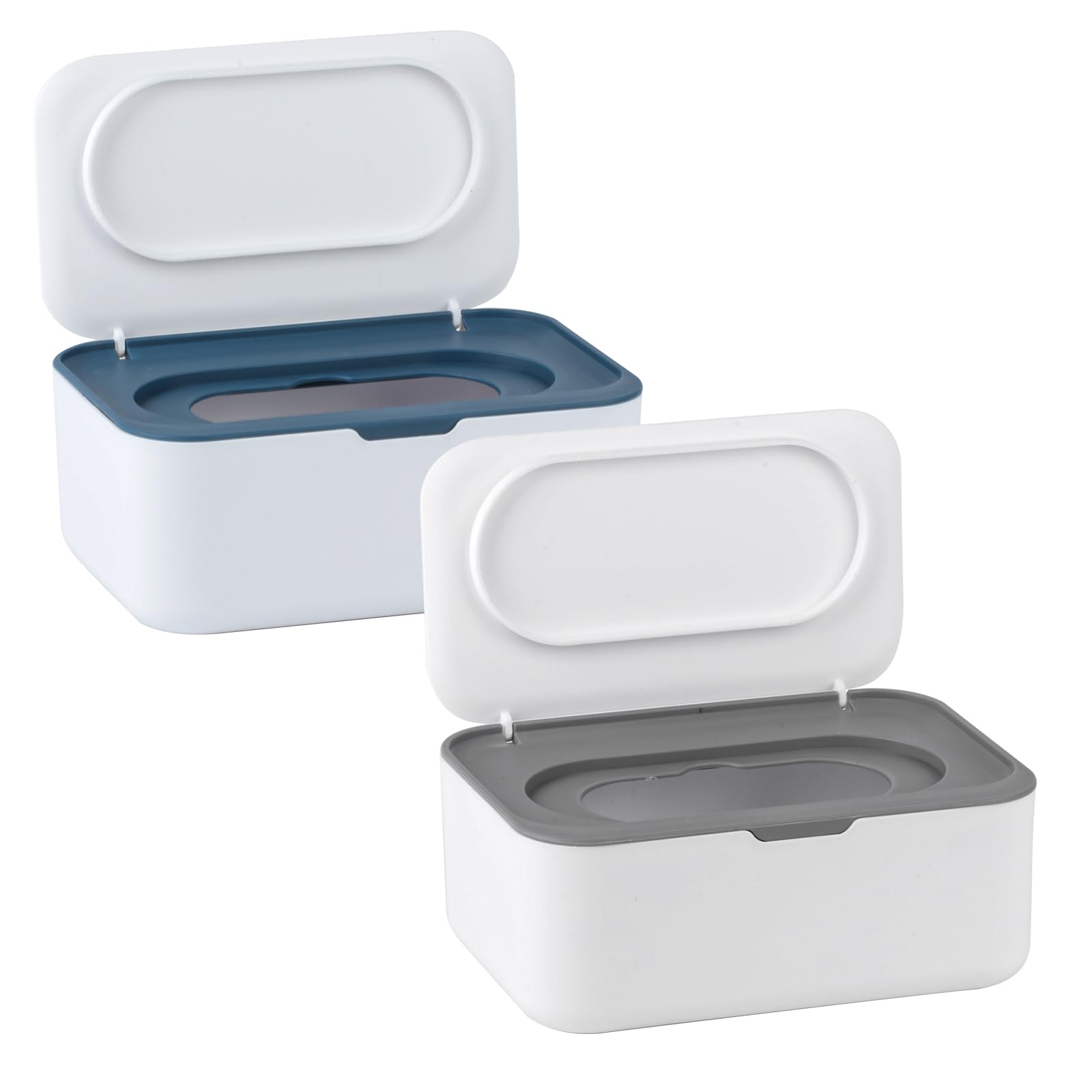 Gray and blue baby wipes dispensers with flip-top lids for easy one-handed access