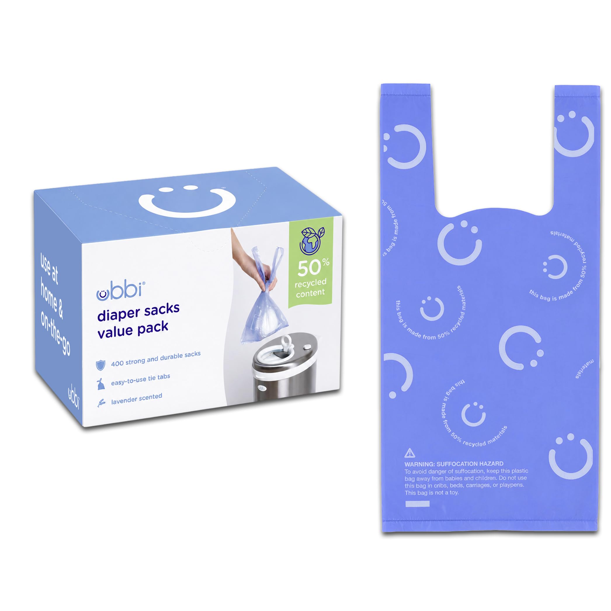 Ubbi Disposable Nappy Sacks 400 count value pack with lavender scent and recycled materials