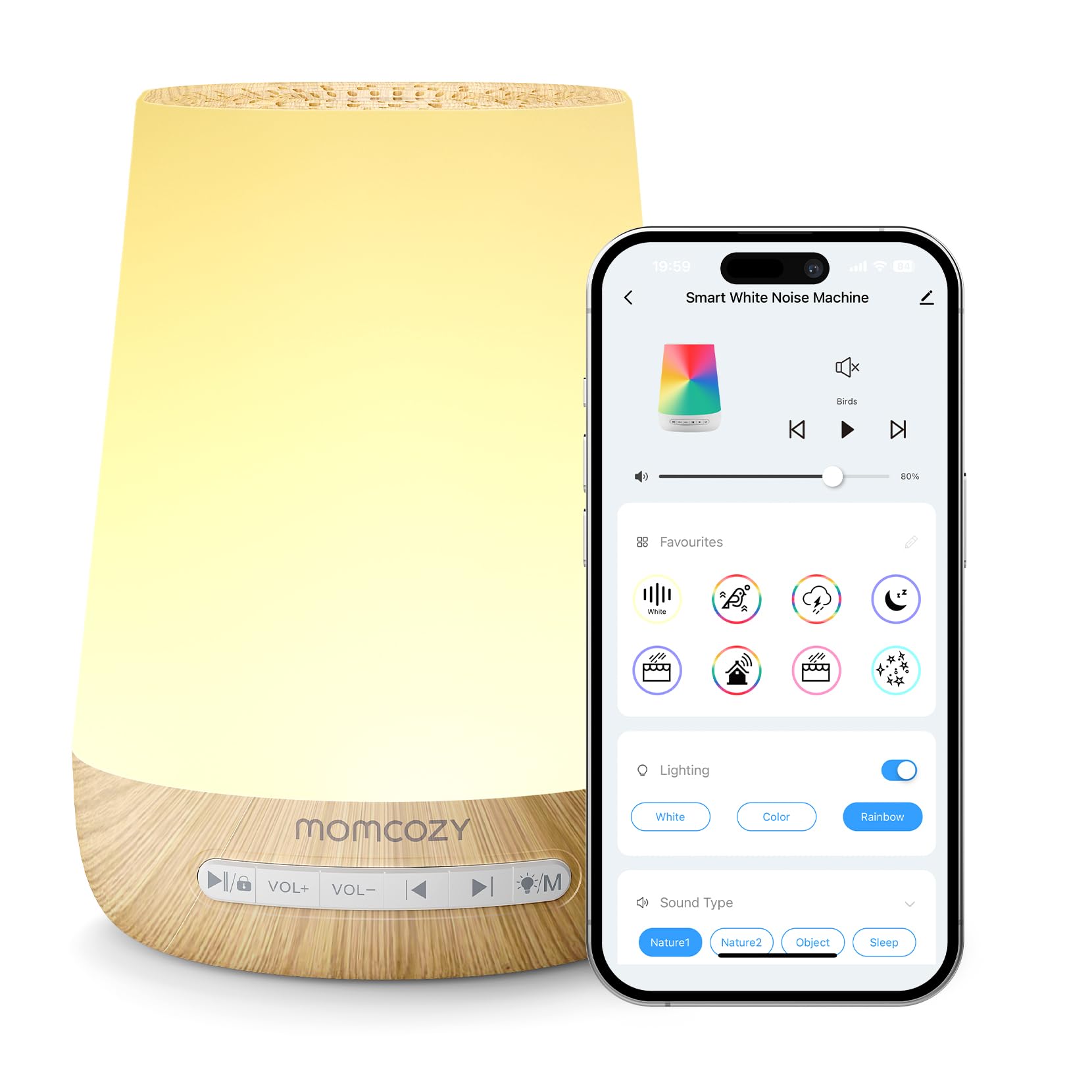 Momcozy Smart Baby White Noise Sound Machine with app control and customizable night light