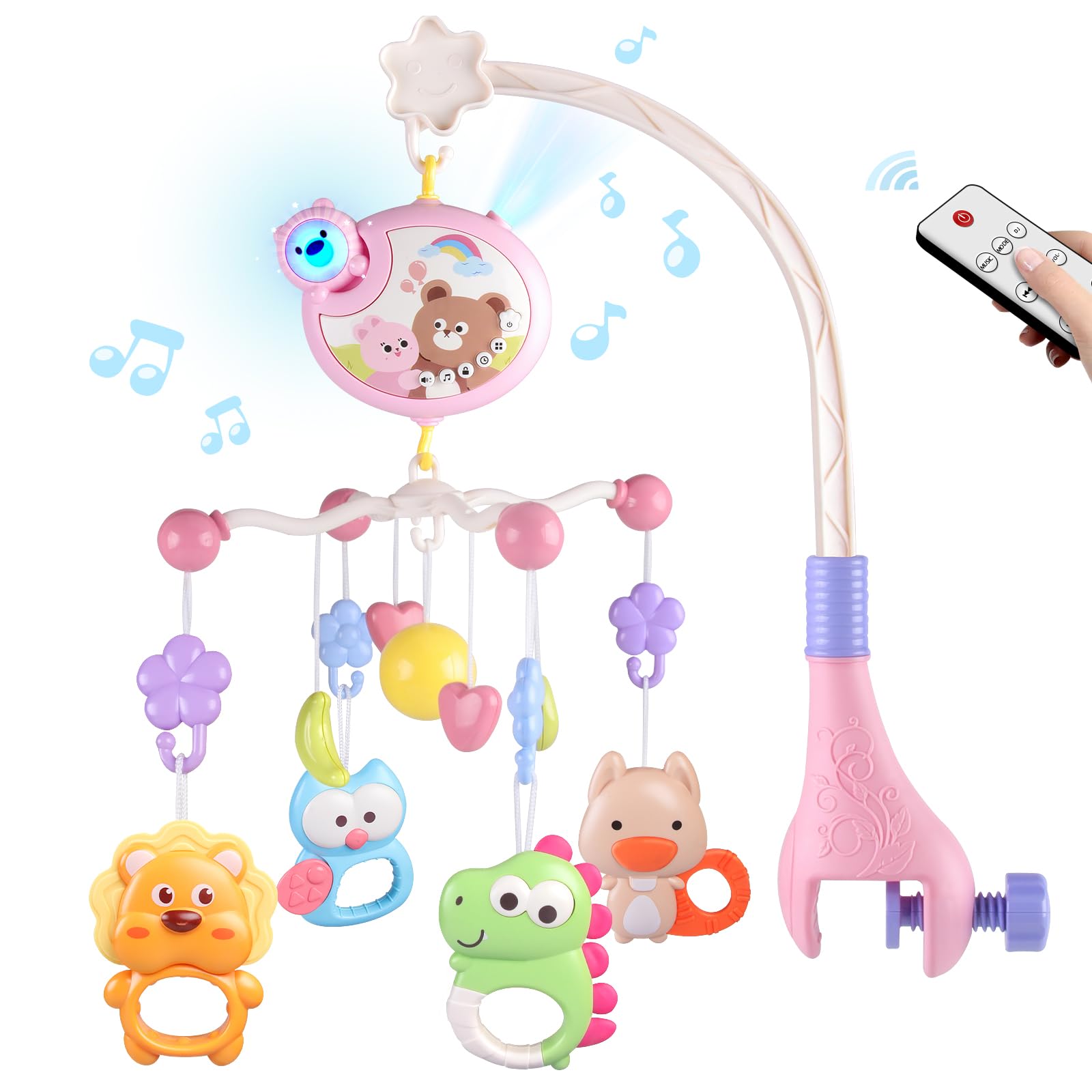 RSEPD crib mobile showing detachable music box and animal rattles for easy replacement