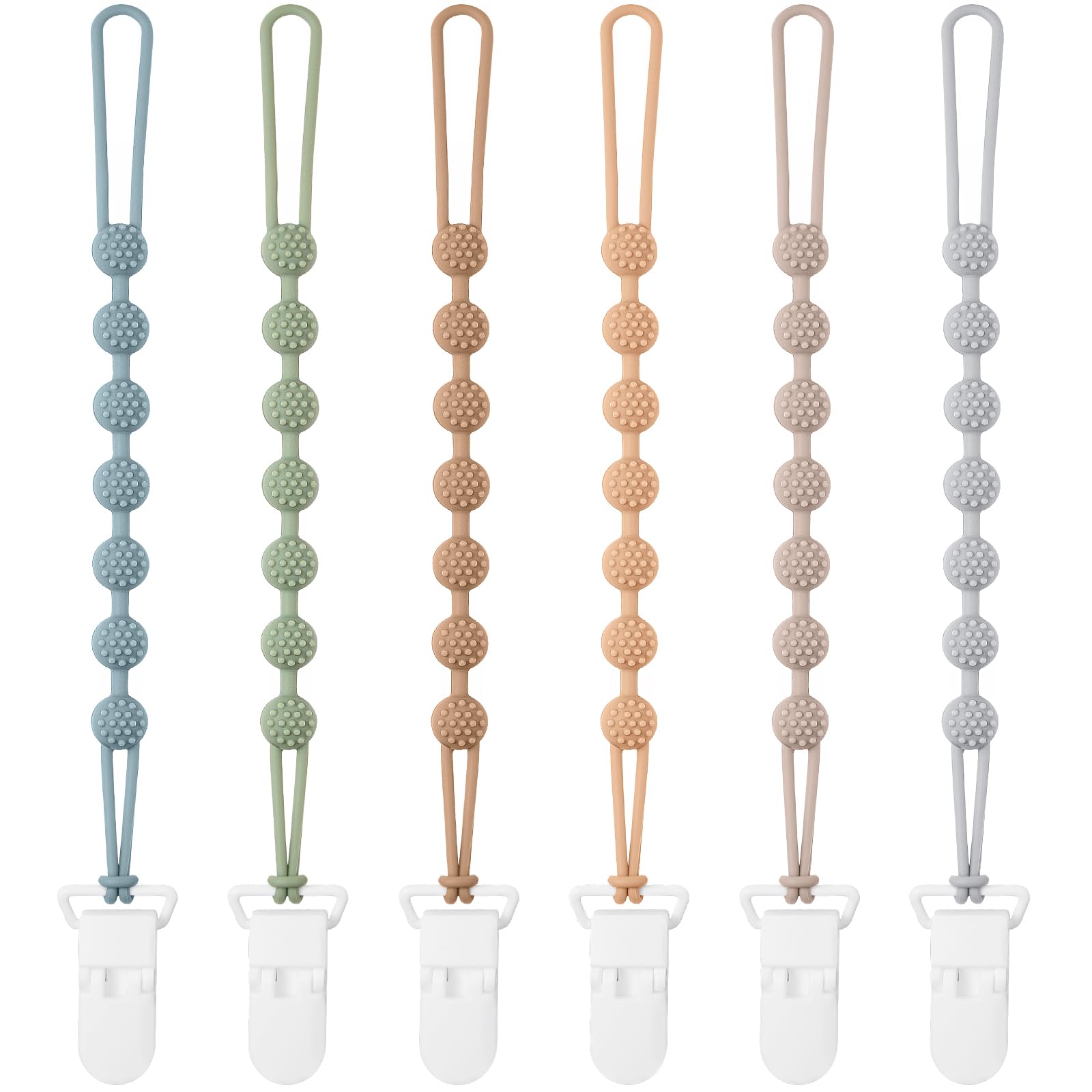 Six colorful silicone pacifier clips with one-piece design