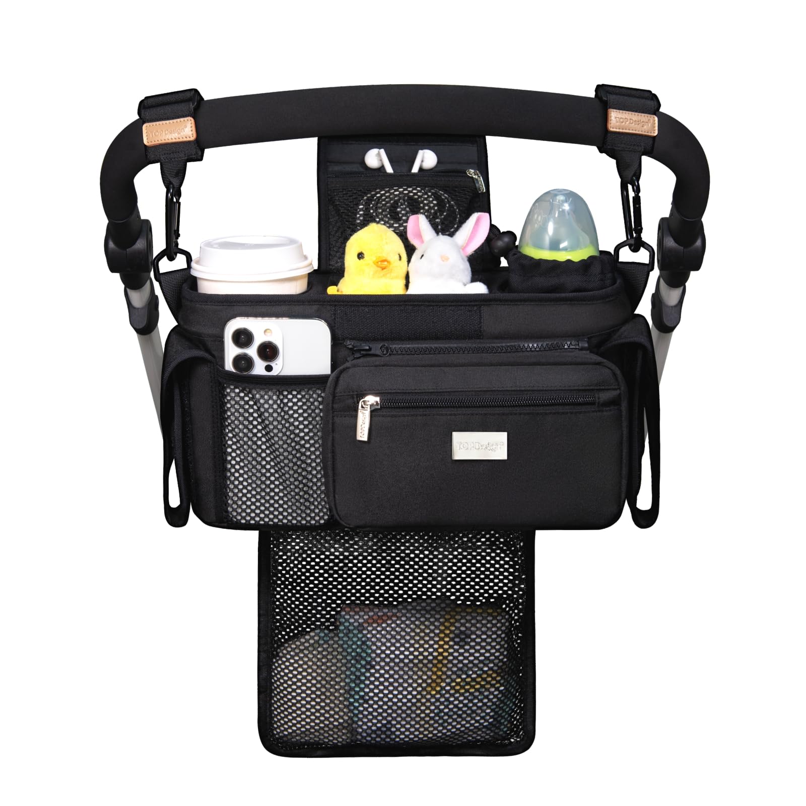 TOPDesign universal black stroller organizer with detachable mesh bag