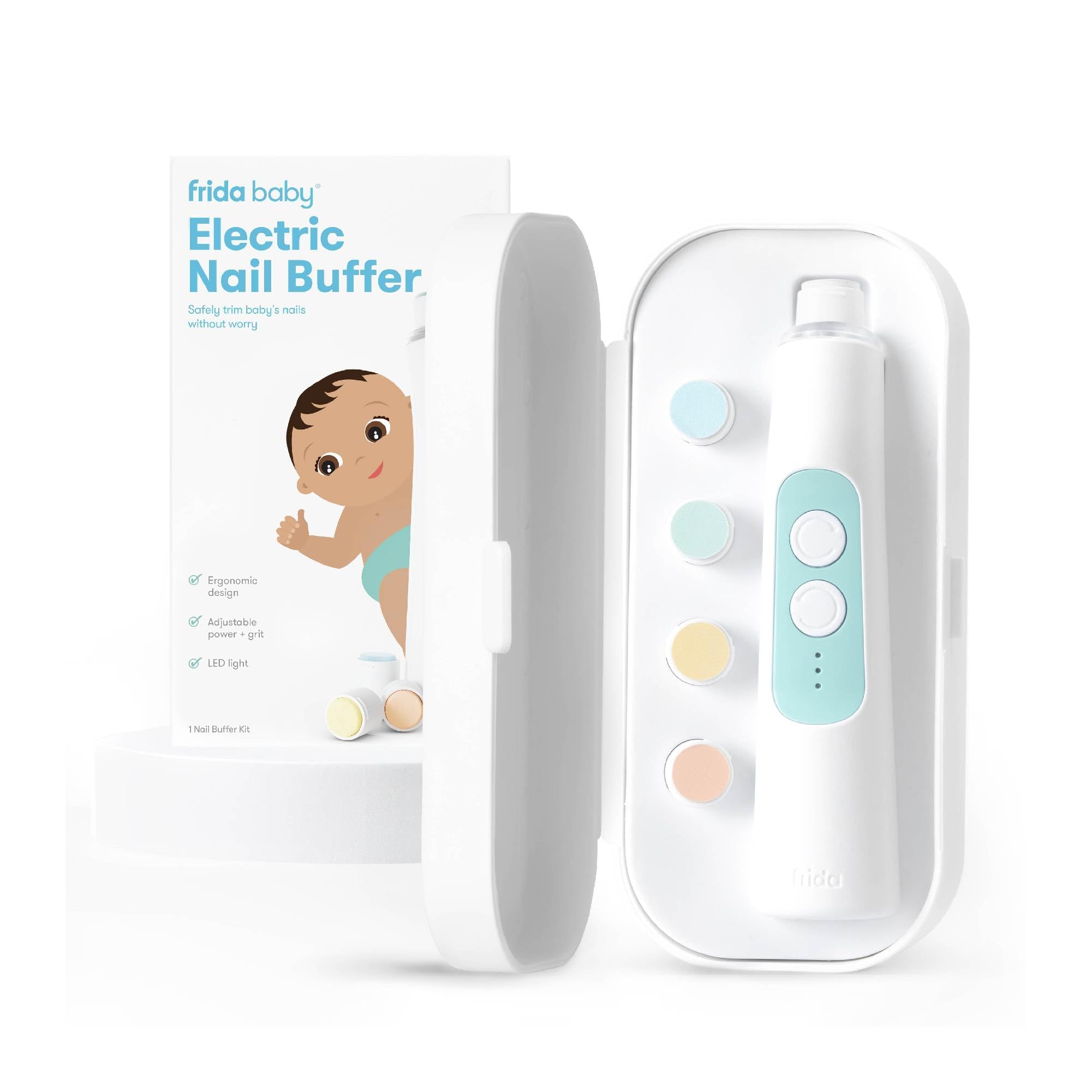 Frida Baby electric nail buffer with slim pencil grip and age-coded buffer pads for newborns