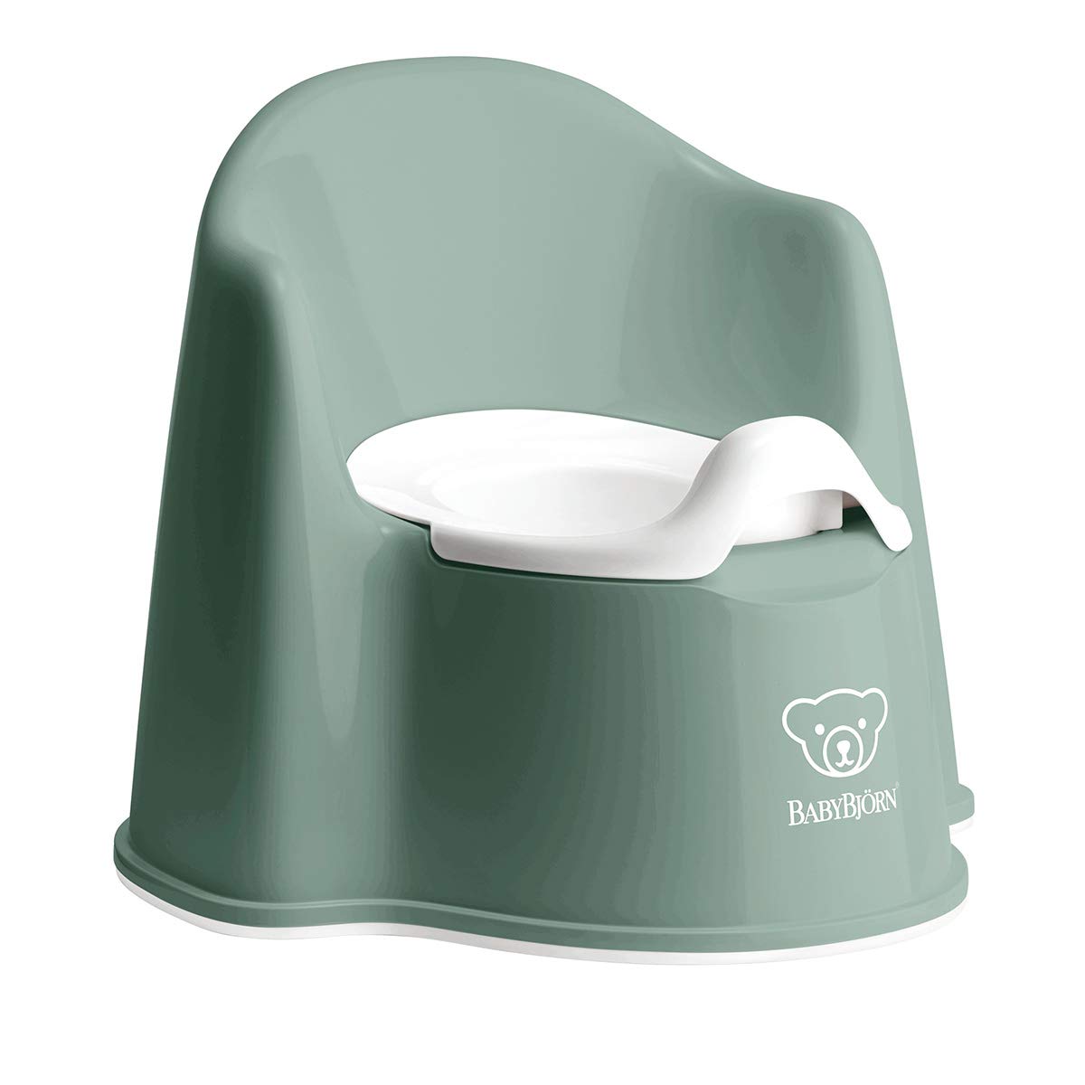 BabyBjorn Potty Chair in deep green and white with ergonomic backrest and armrests
