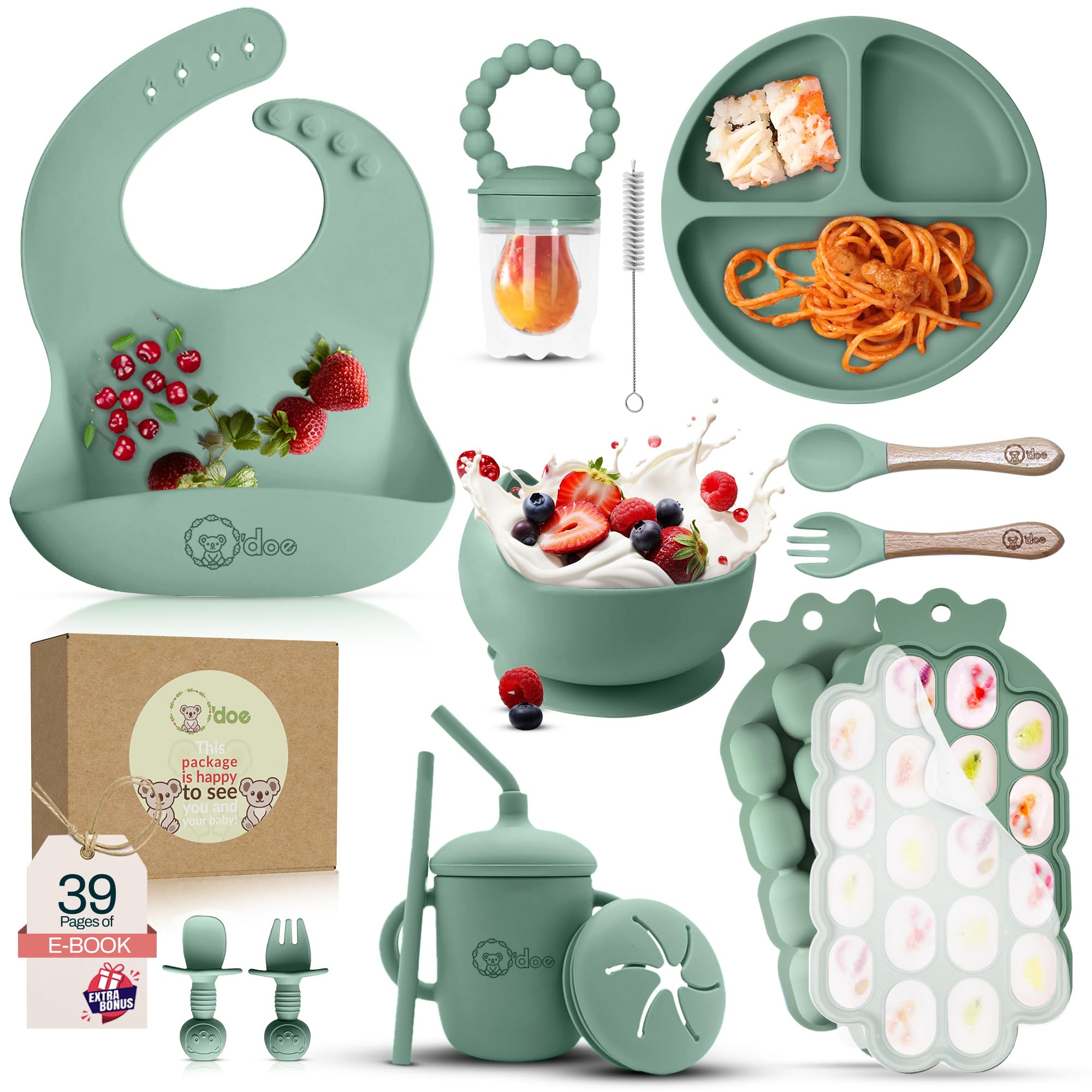 O'doe 15-piece baby weaning set with silicone suction plate, bowl, utensils, sippy cup and feeding accessories