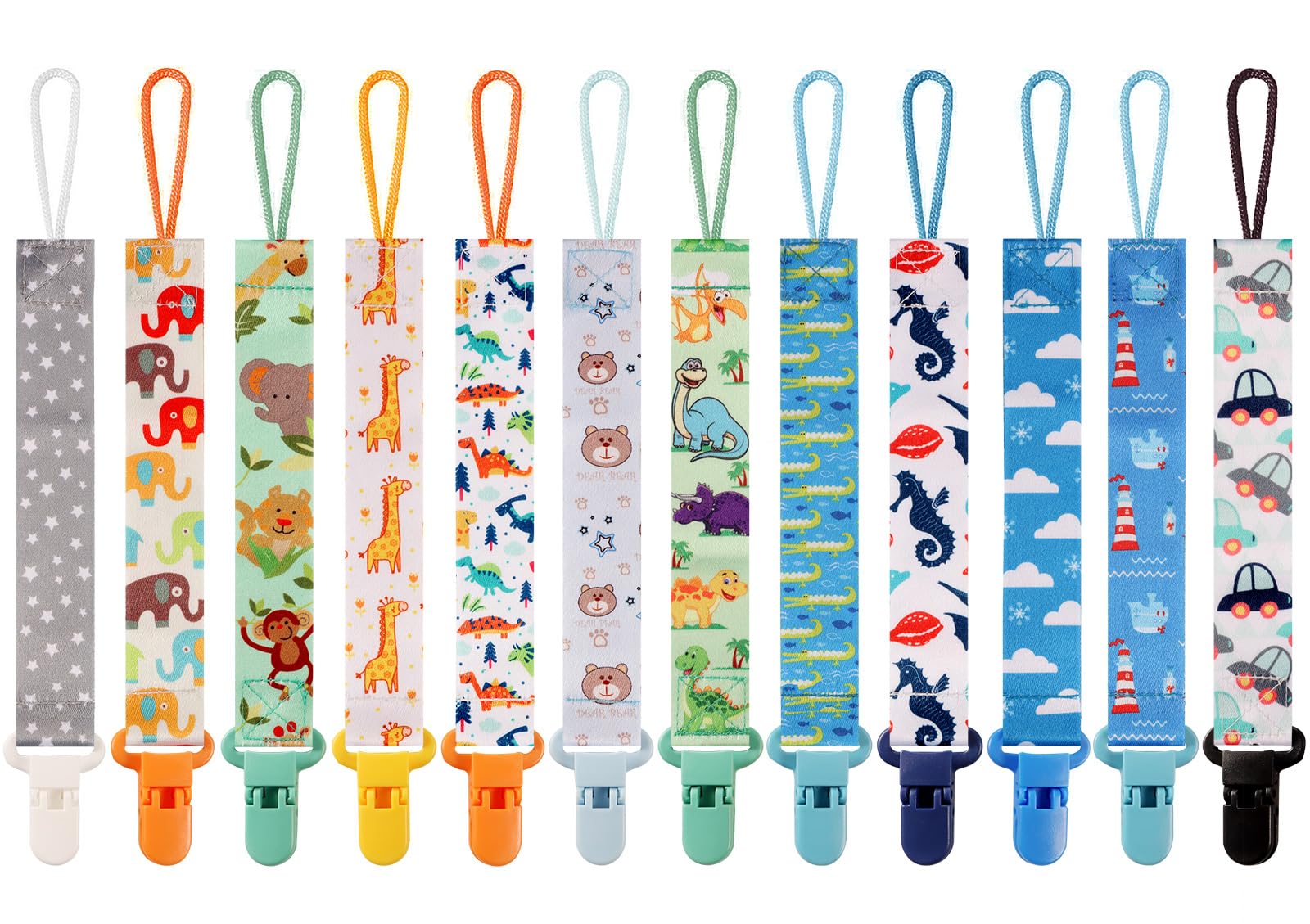 TAMHOO 12 pack pacifier clips with dinosaur, star, and rainbow patterns laid out