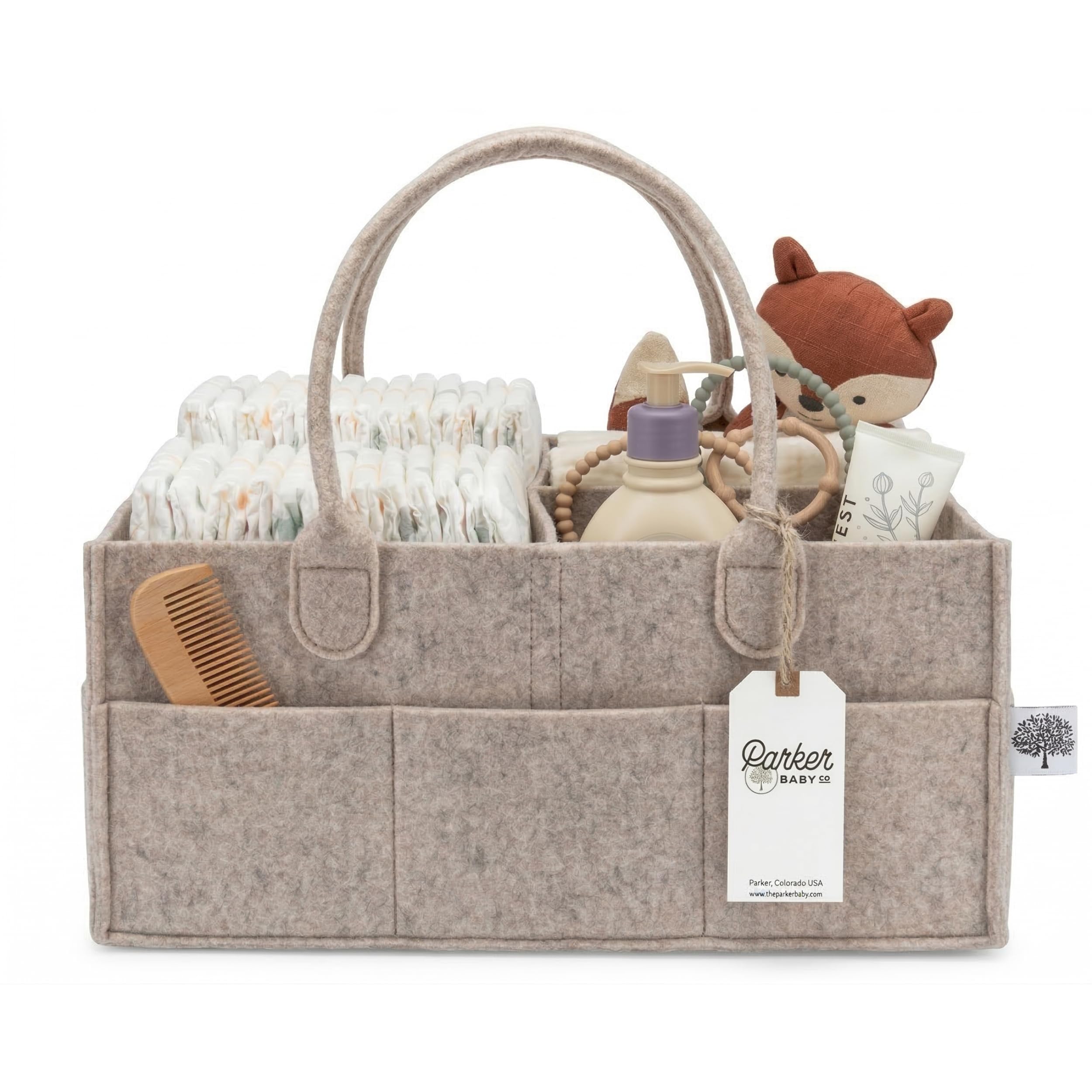Parker Baby Co. Diaper Caddy in oatmeal color with organized compartments for nursery storage