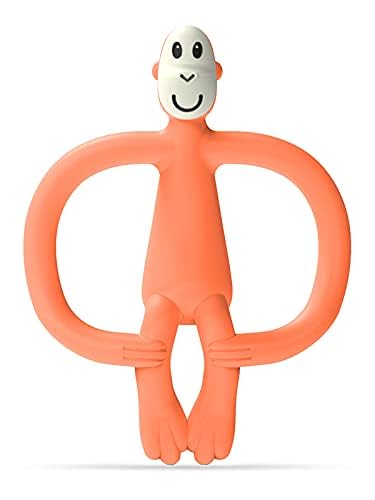 Matchstick Monkey orange silicone teether toy with textured bumps and easy-grip design for babies
