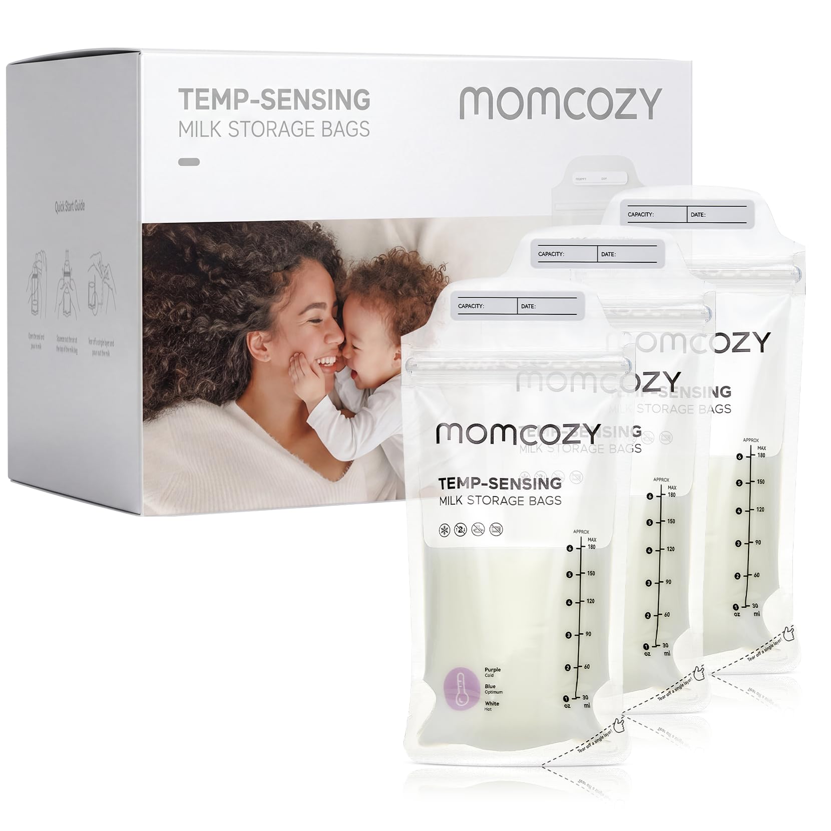 Momcozy temperature-sensing breastmilk storage bags with color-changing indicators