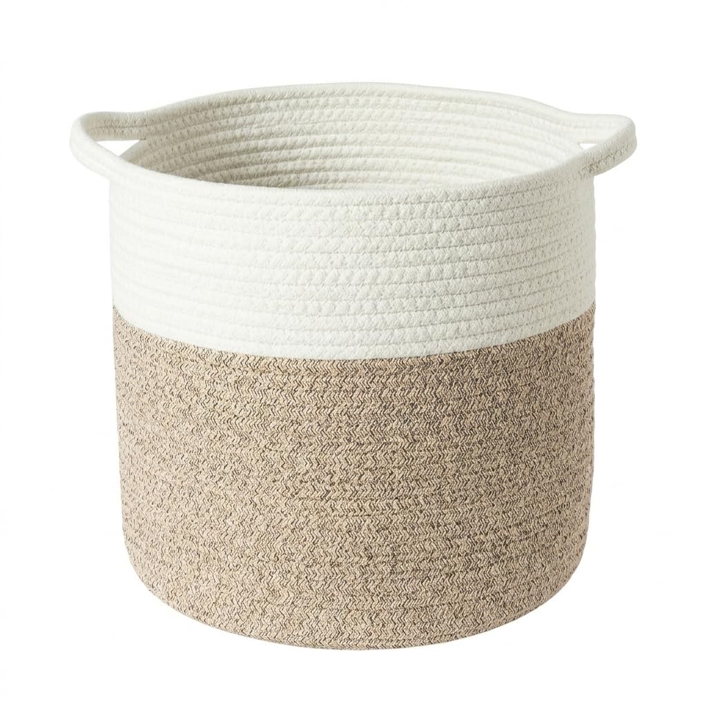 MANYOND woven cotton rope nursery hamper in brown and white design