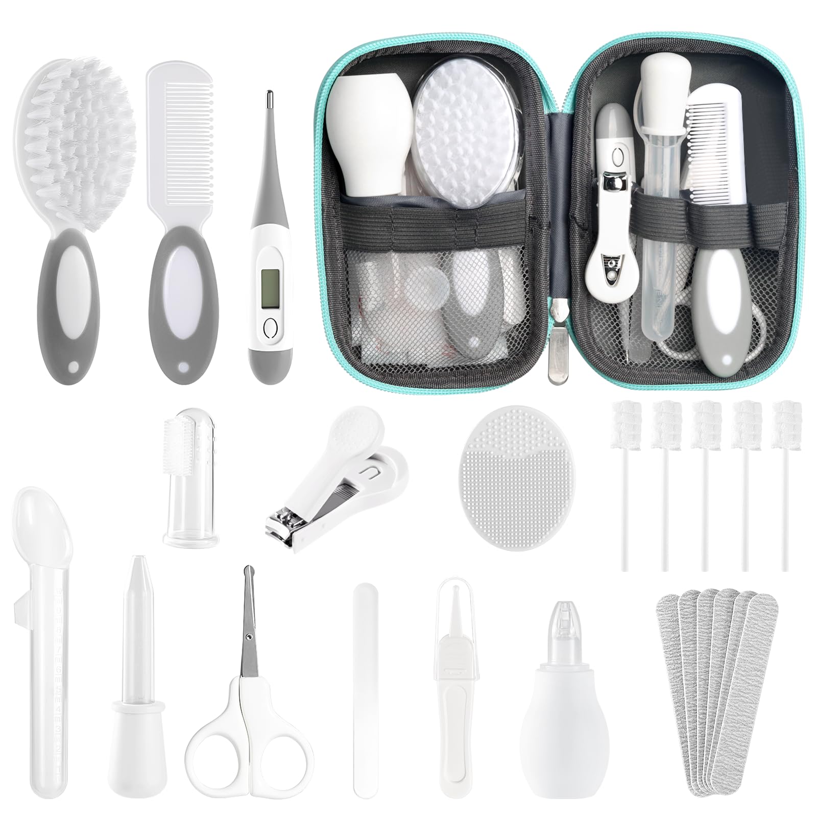 POPYJAN 24-piece baby healthcare and grooming kit with grey and white carrying case