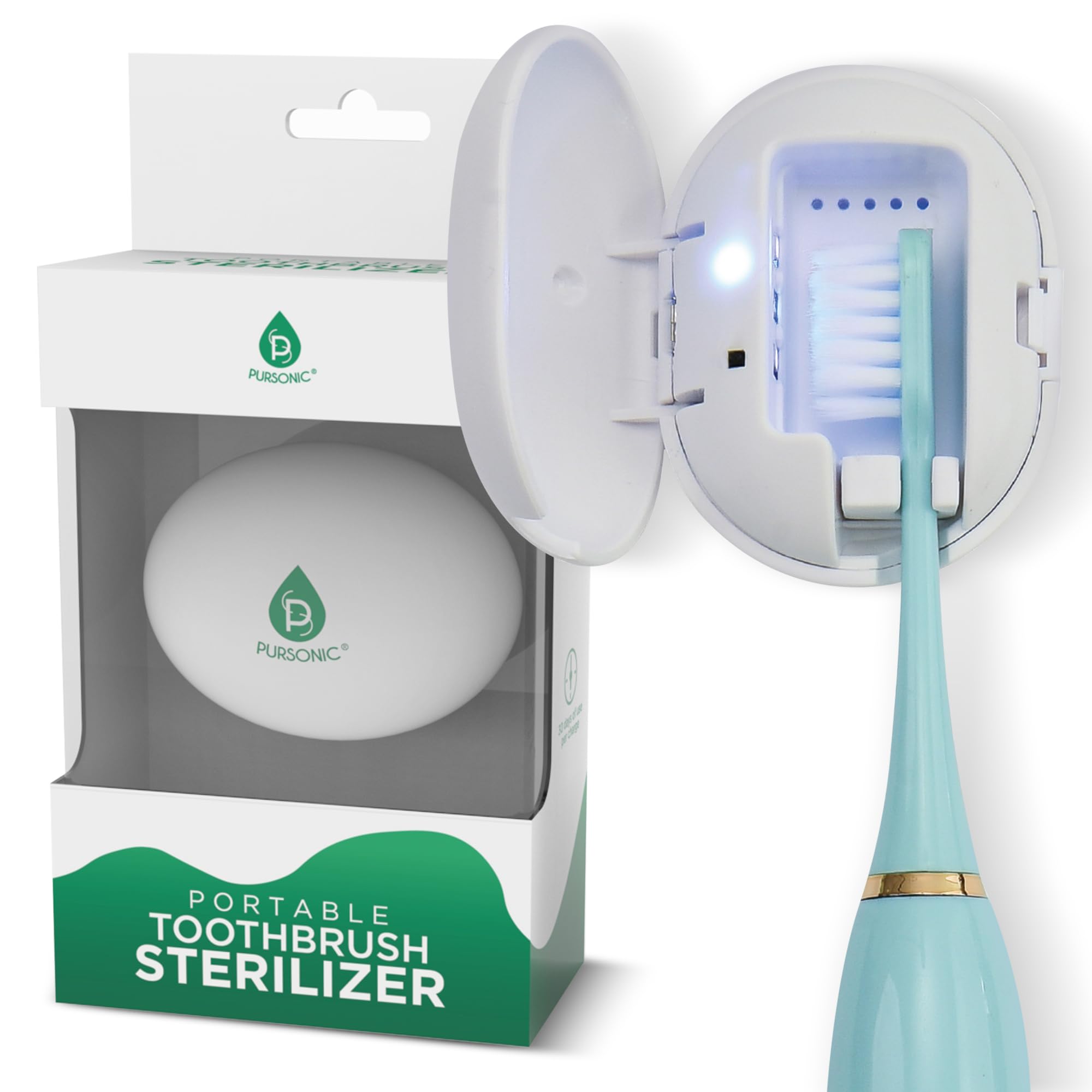 Pursonic compact UV toothbrush case with magnetic mount and LED indicators