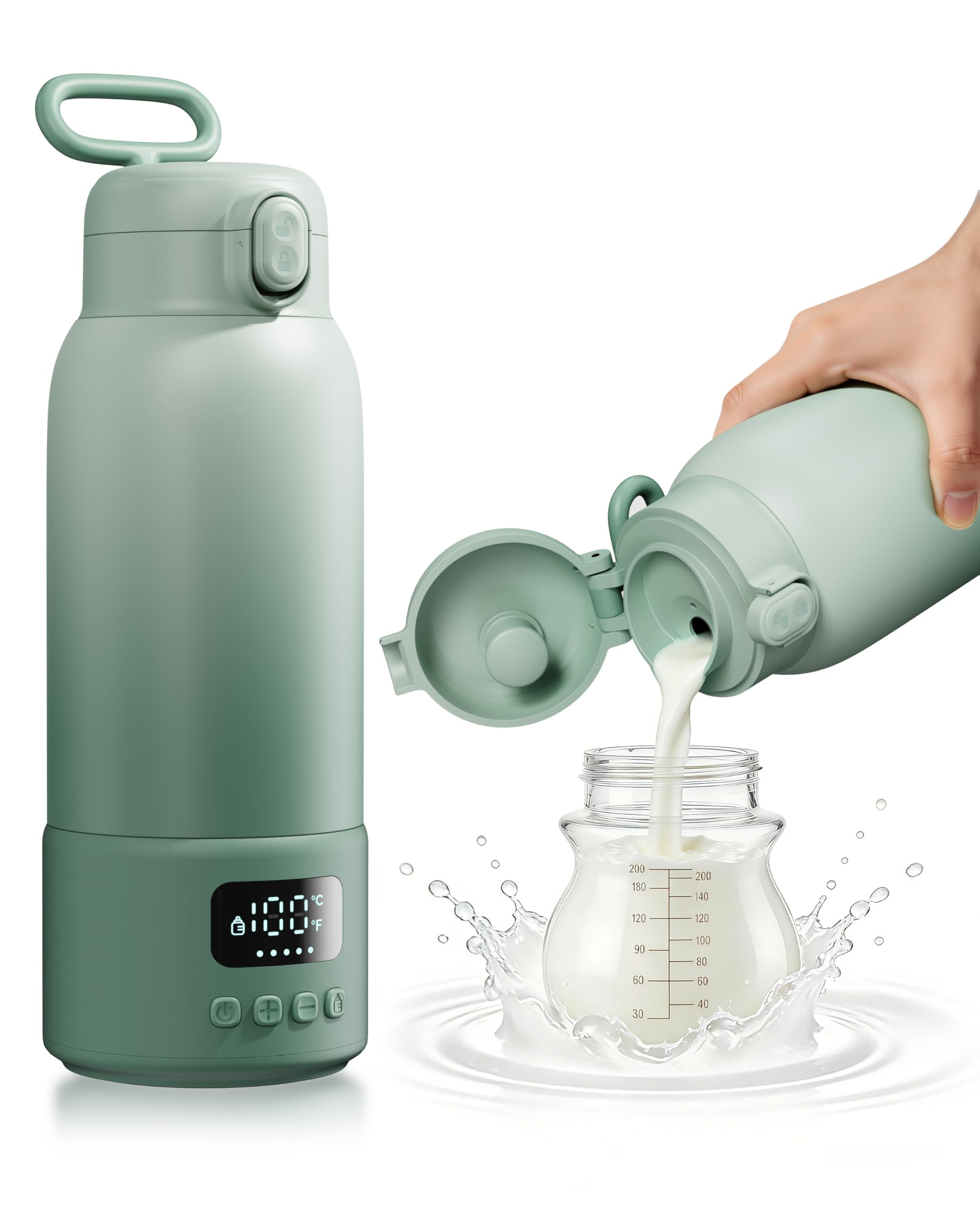 Ninebee portable bottle warmer in green with baby bottle
