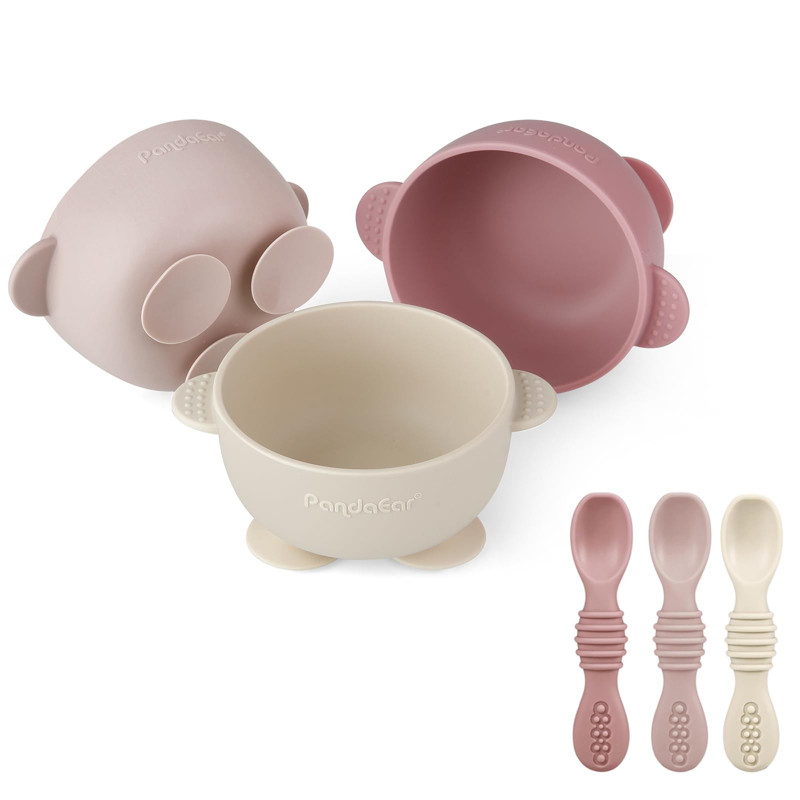 PandaEar silicone suction baby bowls with matching feeding spoons in pink rose linen colors