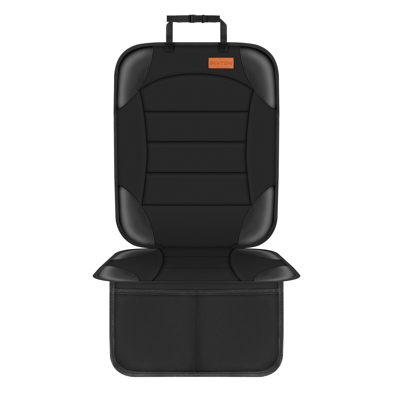 Siivton car seat protector with thick padding and mesh pockets installed under child car seat