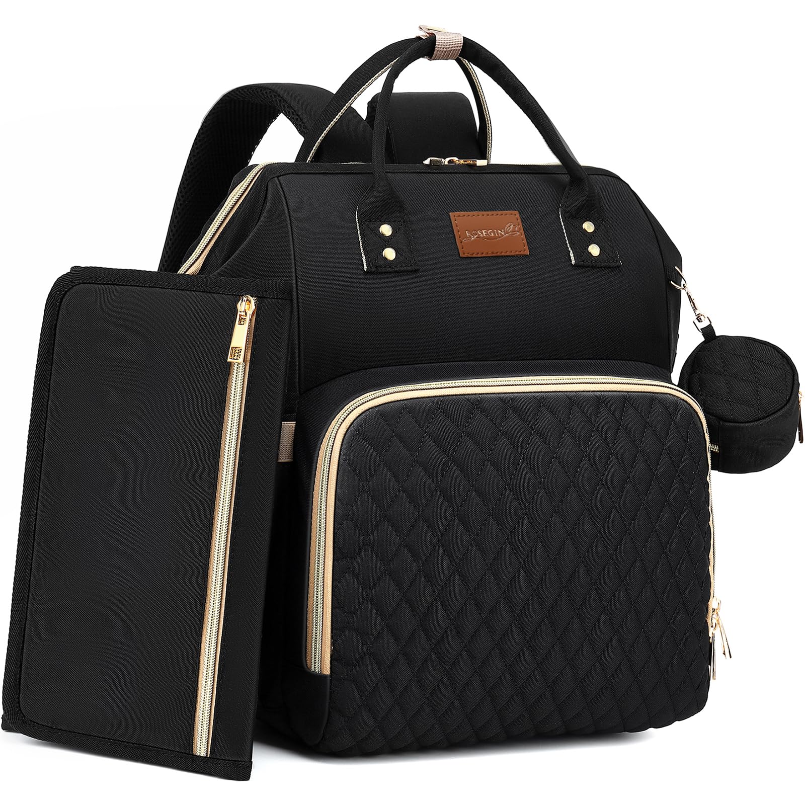 ROSEGIN black quilted diaper bag backpack with changing pad and organized pockets