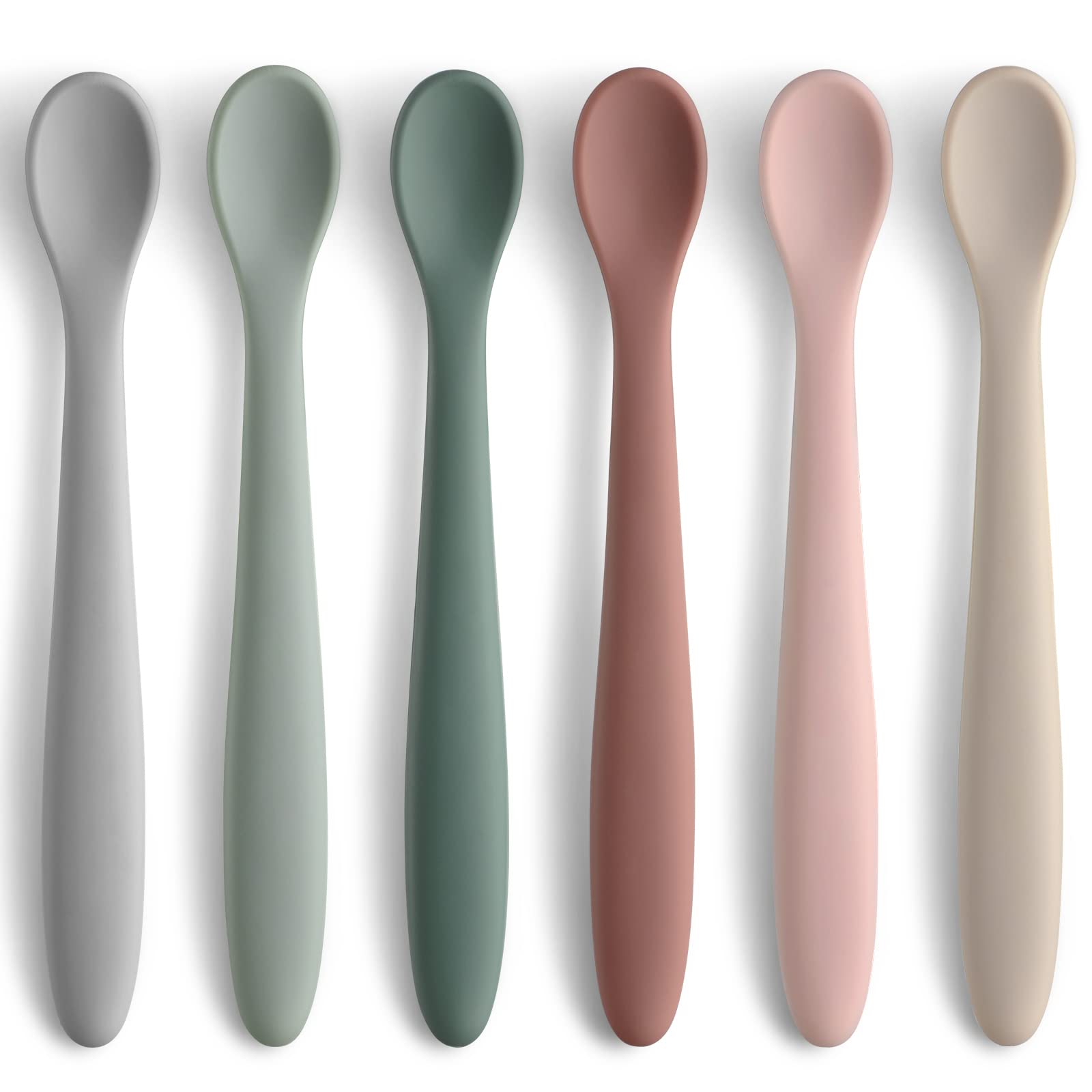 NETANY silicone baby feeding spoons in pastel colors arranged on white background