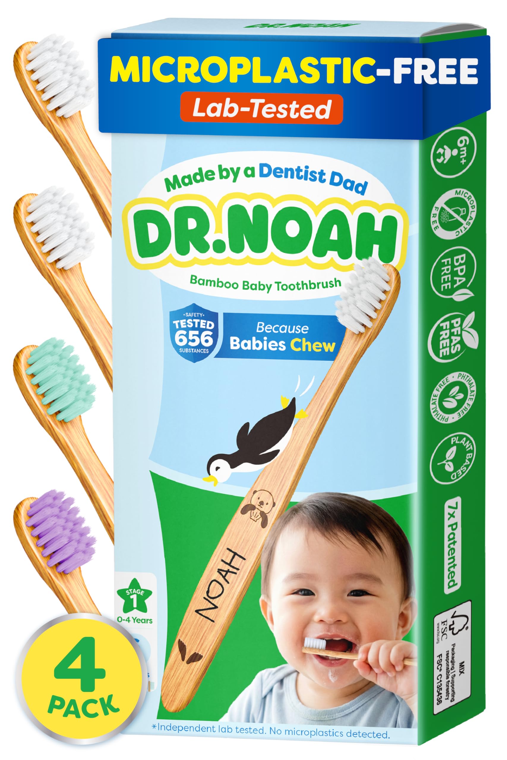 Dr. Noah microplastic-free bamboo baby toothbrush with plant-based bristles designed by dentist