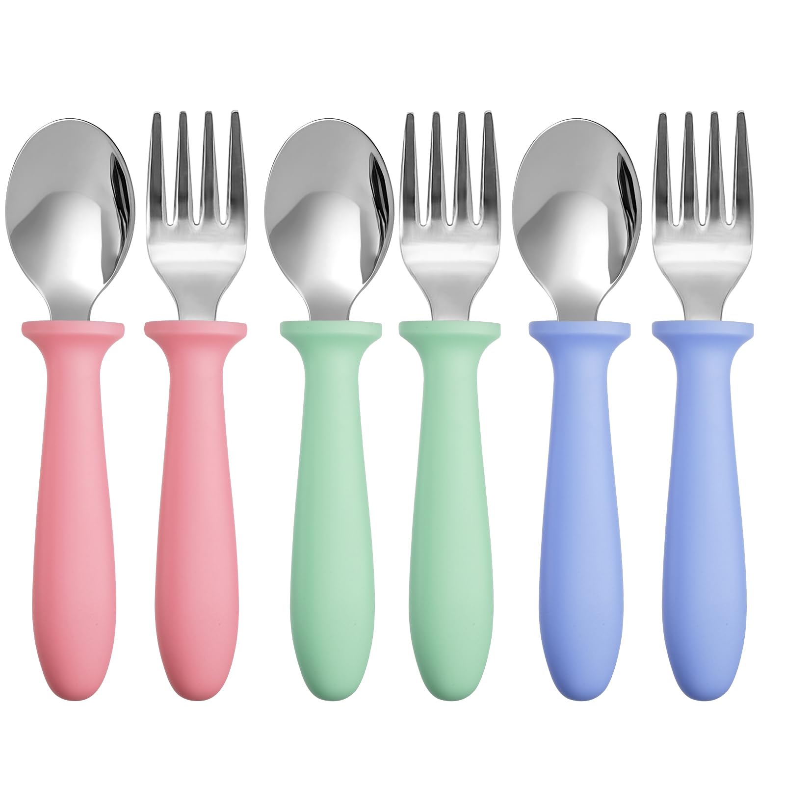 Pimoys stainless steel toddler forks and spoons with colorful plastic handles