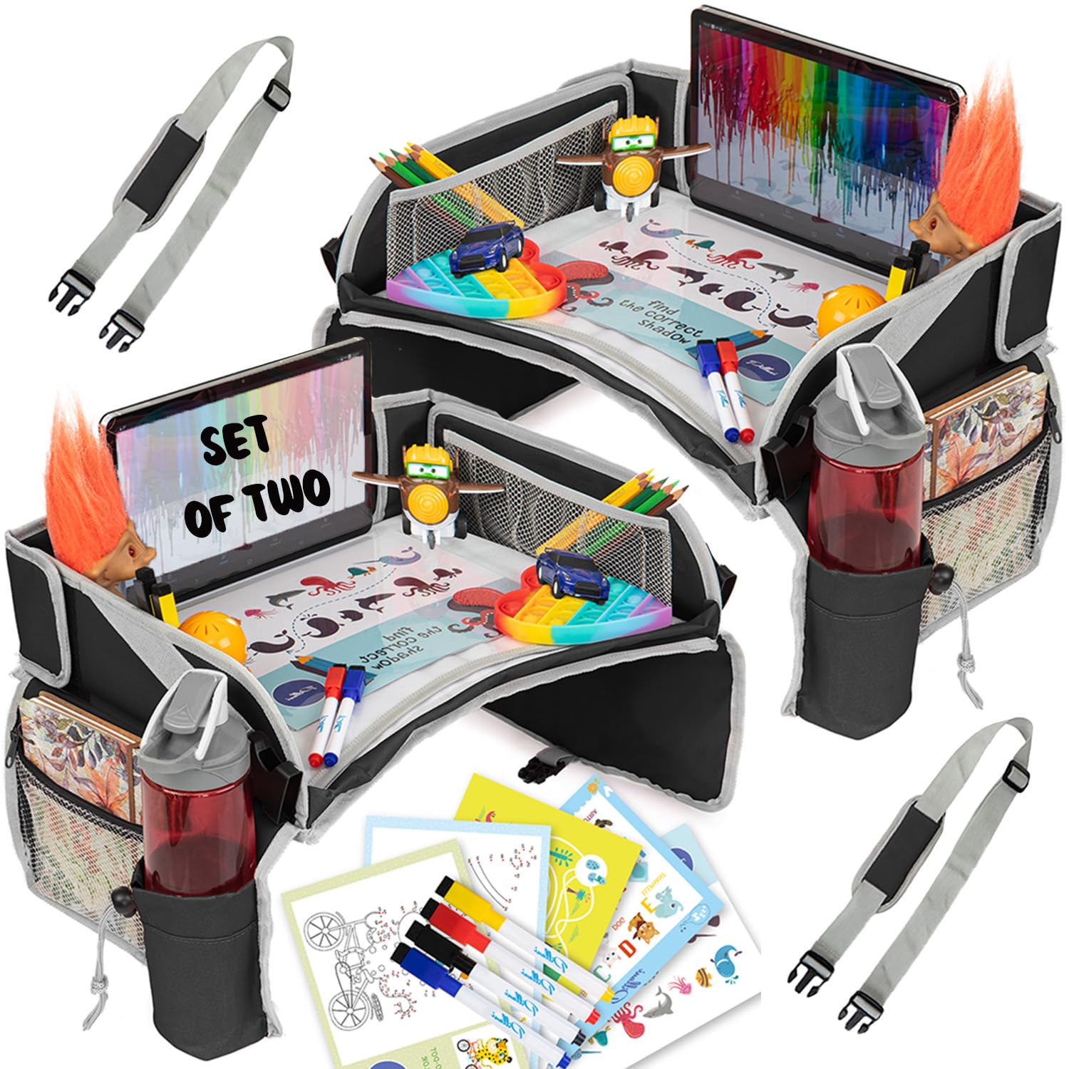 PILLANI Kids Travel Tray with iPad holder and dry erase board for car seat entertainment