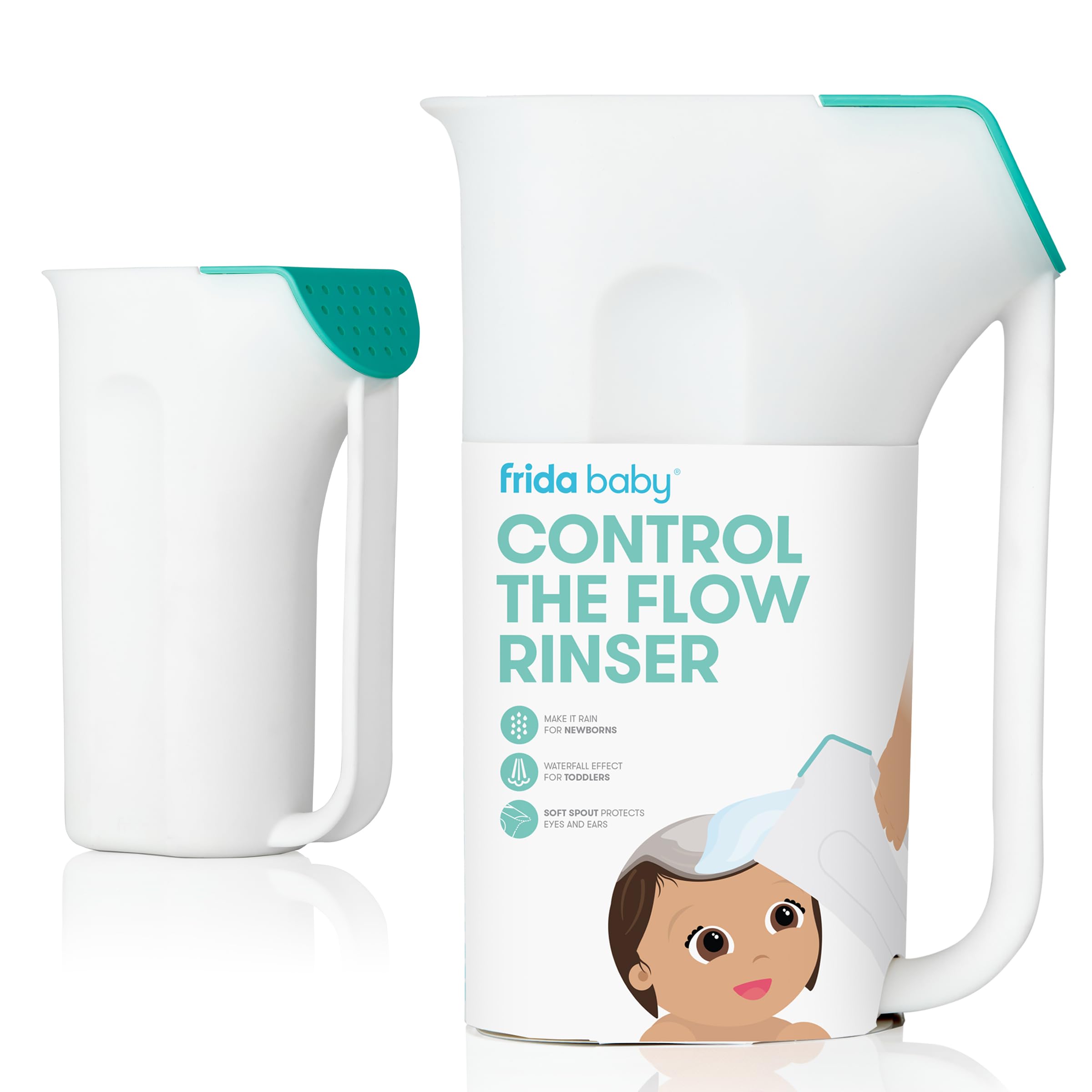Frida Baby Control The Flow Bath Rinse Cup showing dual grip handle and removable rain shower attachment