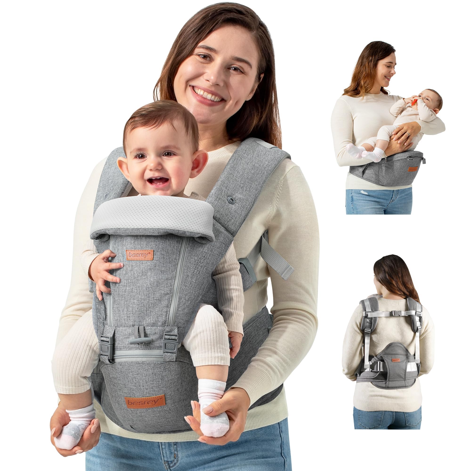 besrey ergonomic baby carrier with breathable mesh hip seat and multiple storage pockets