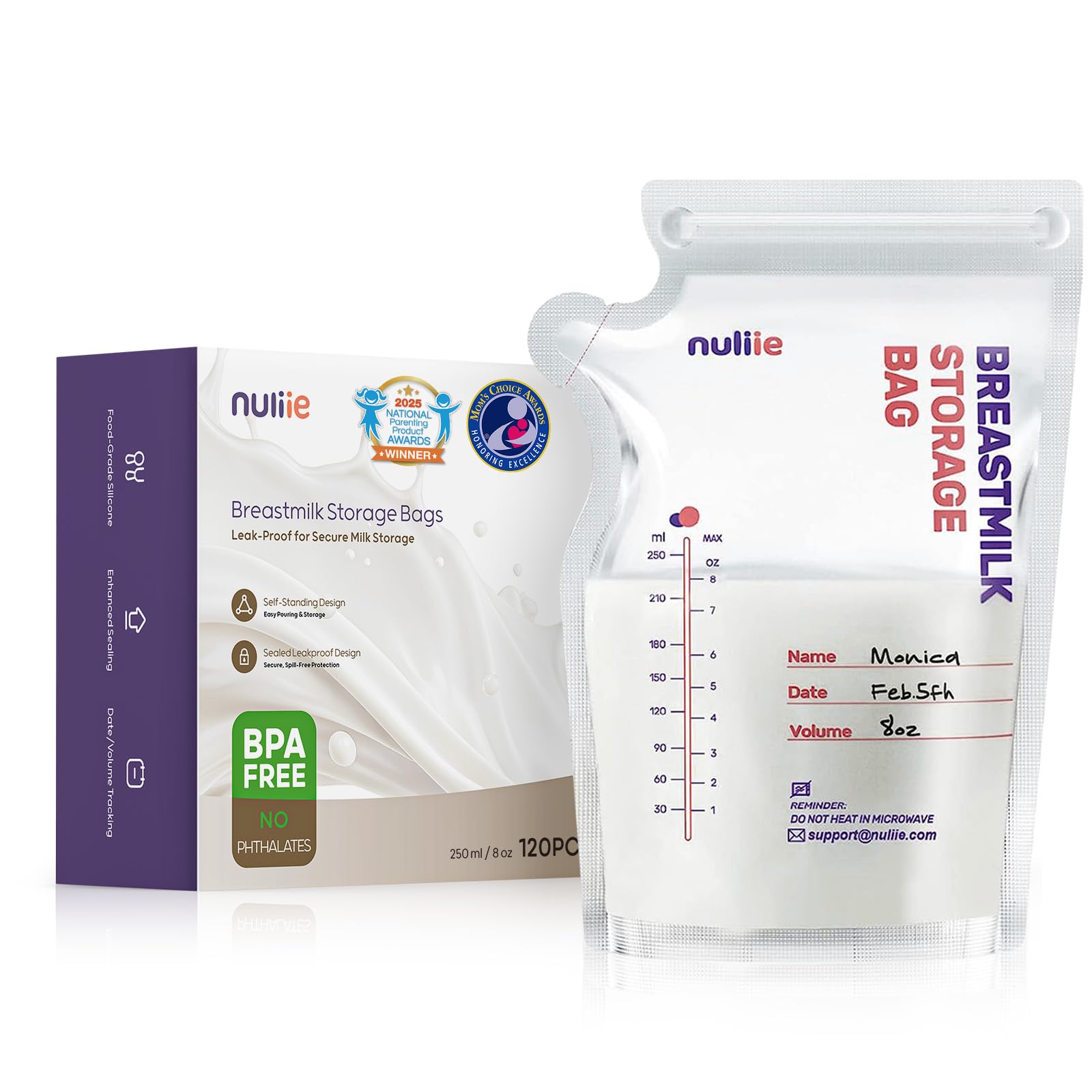 Nuliie BPA-free breast milk storage bags with pour spout