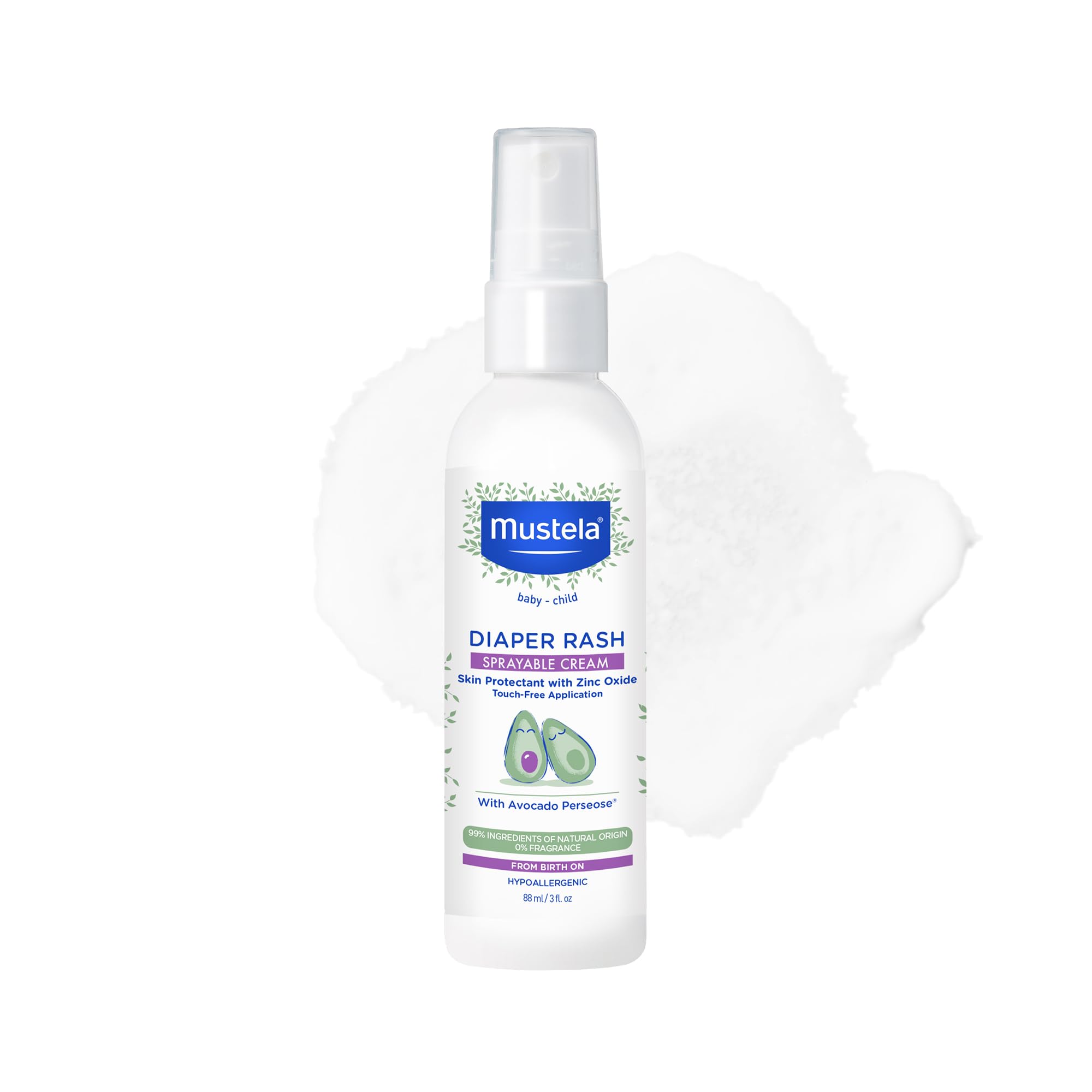 Mustela Baby Diaper Rash Cream Spray with zinc oxide and natural avocado for touch-free application