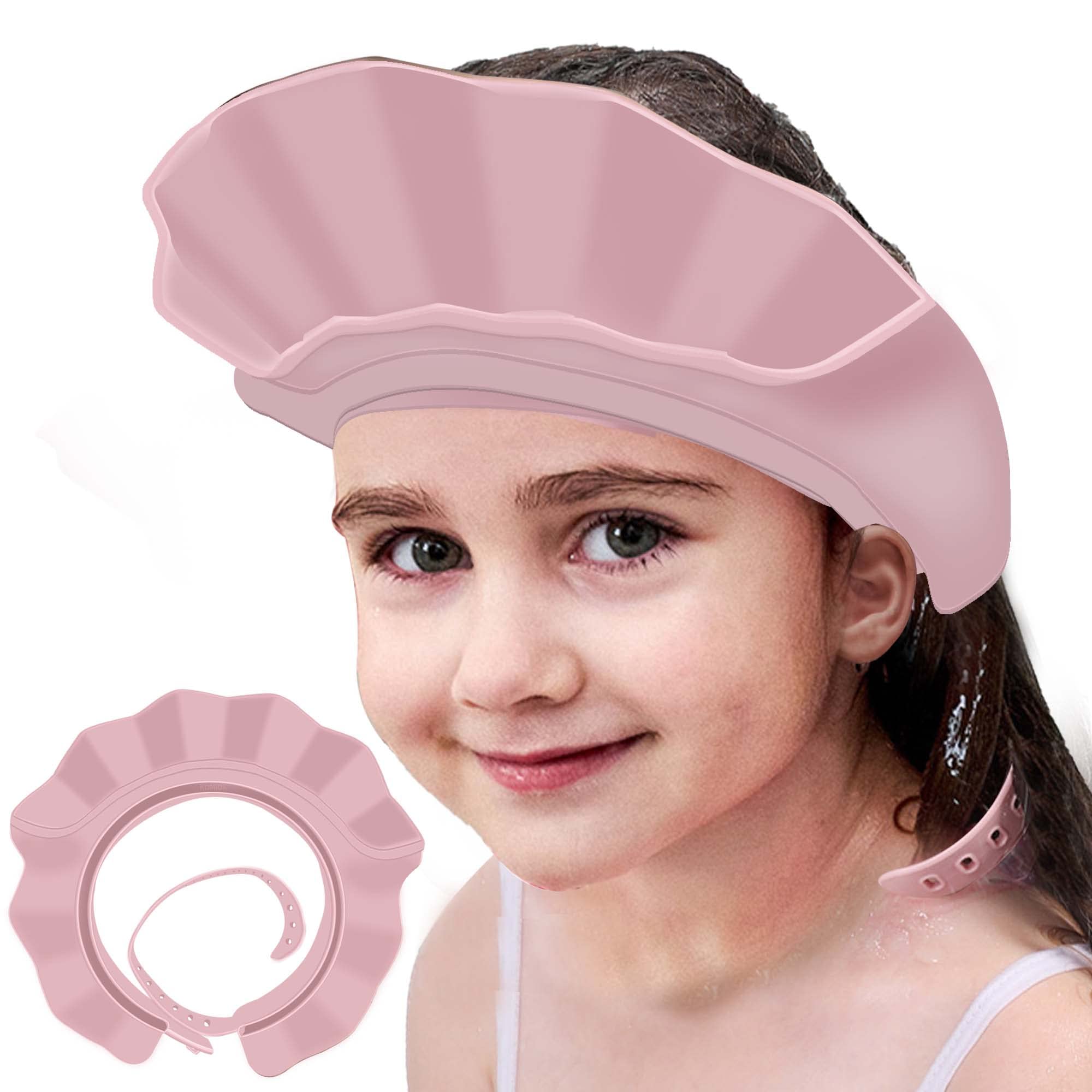Pink KOMIDK baby shower cap with flower design for protecting toddler eyes and ears during bath time