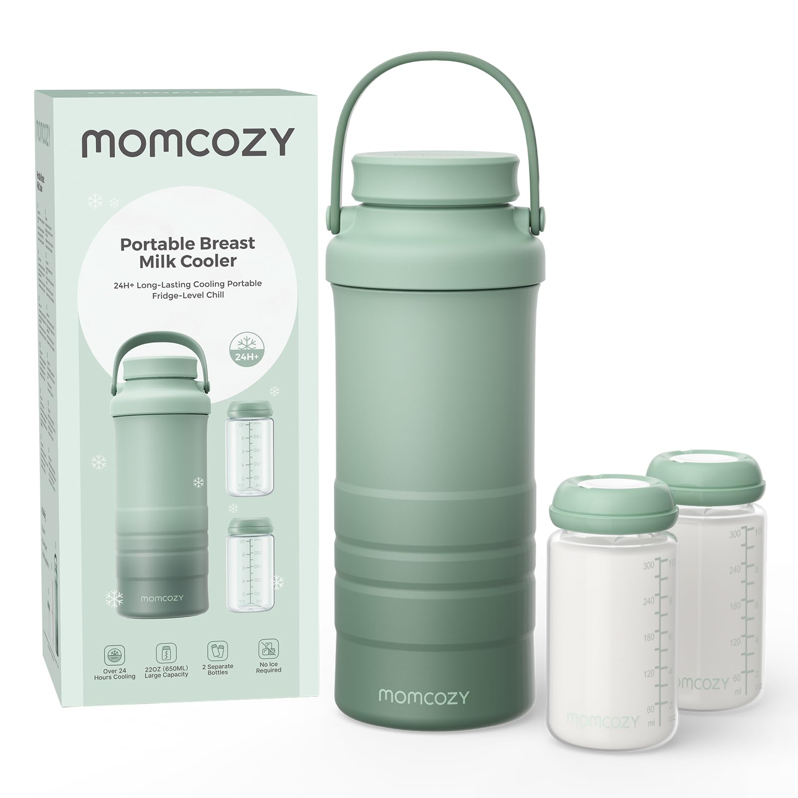 Momcozy 22oz portable breast milk cooler in green with two baby bottles for breastmilk storage