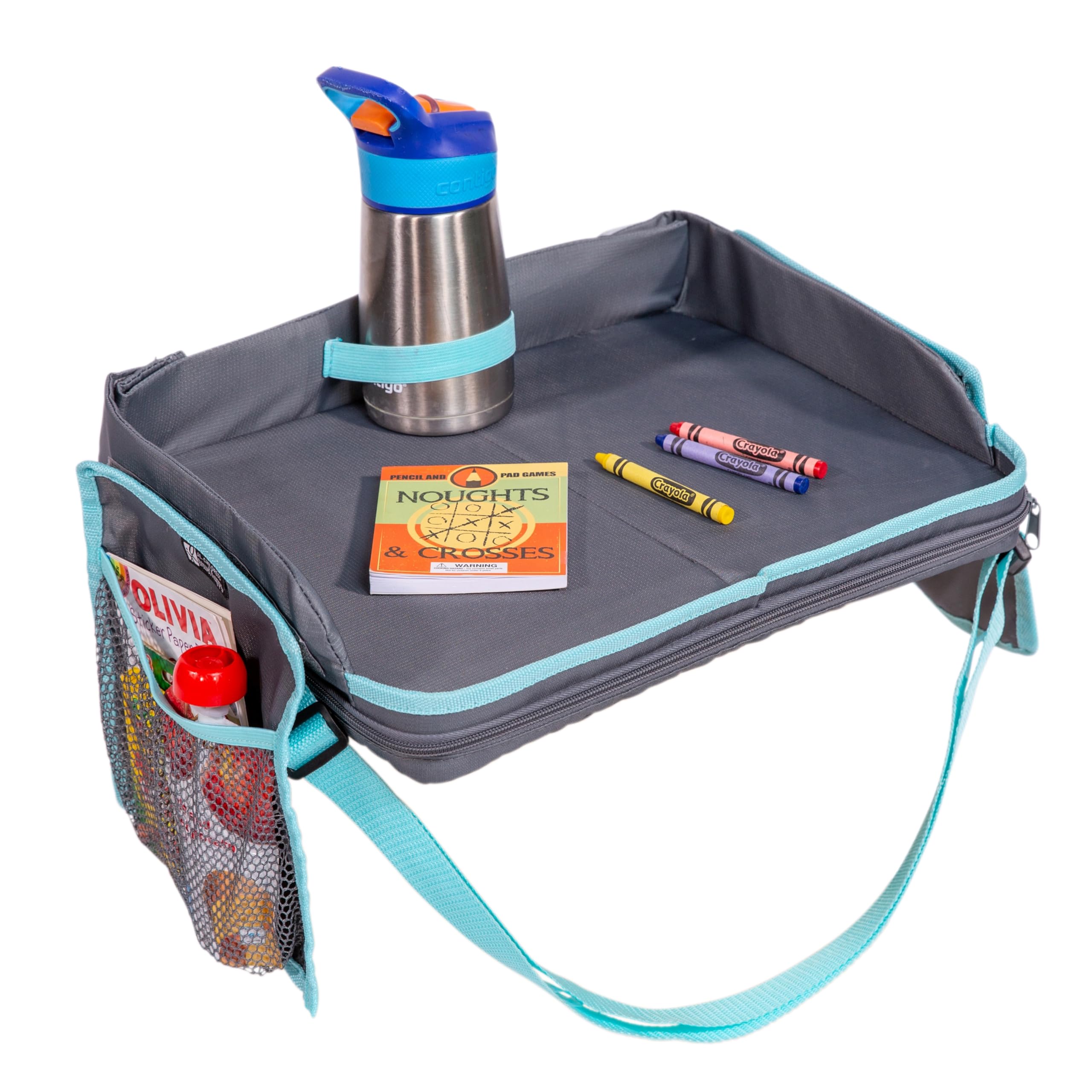 J.L. Childress 3-IN-1 Kids Travel Tray in grey and teal with tablet holder and storage compartments