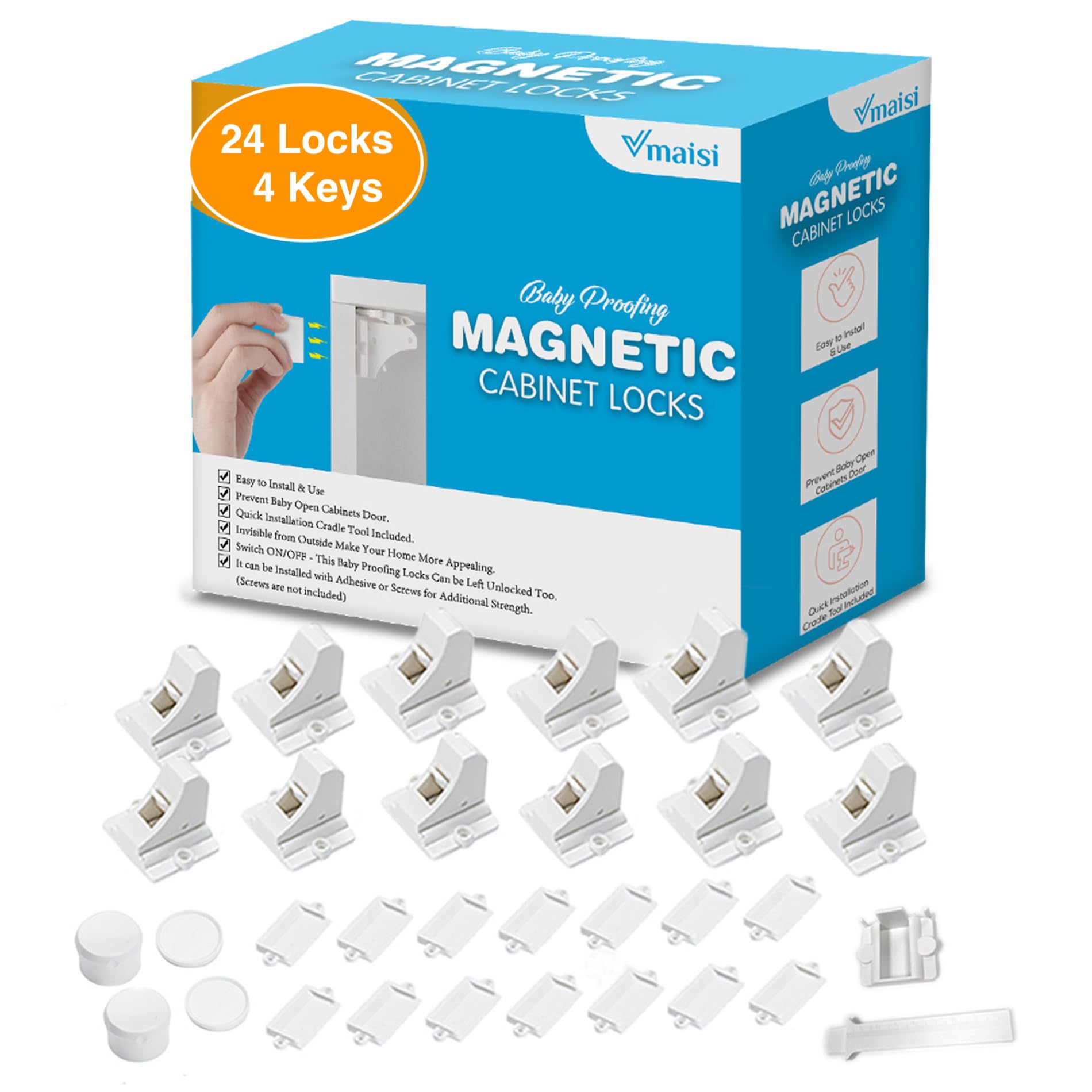 Vmaisi Adhesive Magnetic Locks 24-pack with magnetic keys and cradle