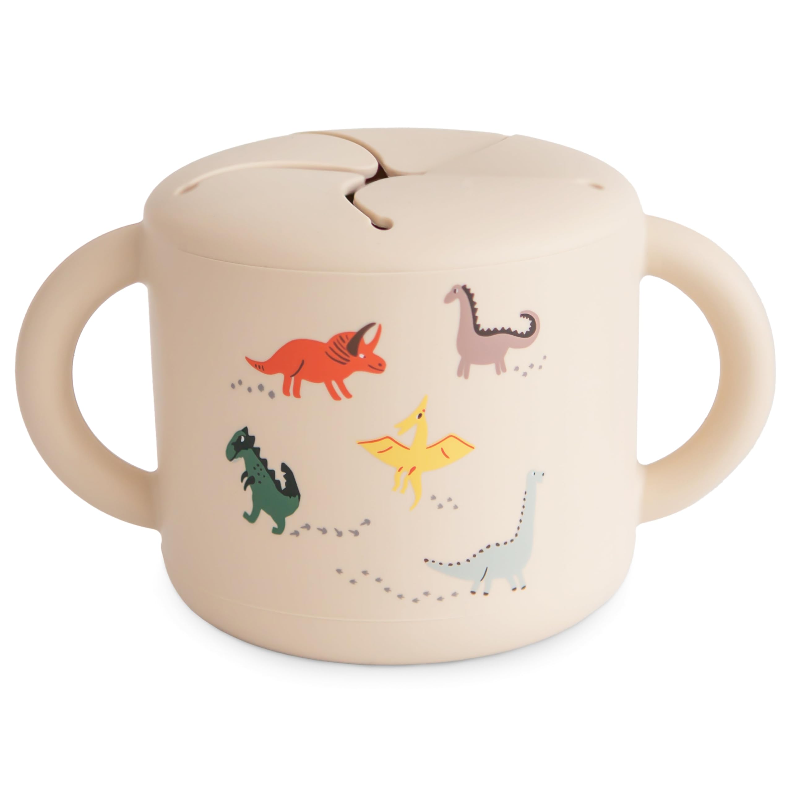 mushie Silicone Snack Cup in Dinosaurs print with two easy-grip handles