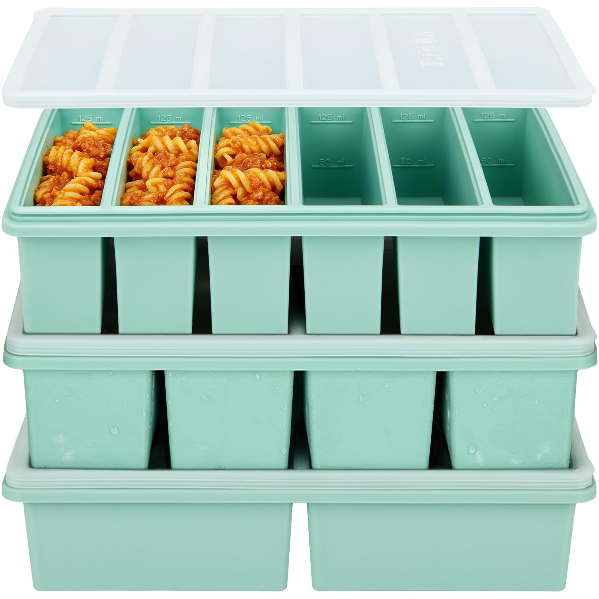 CyhHave silicone freezer trays with lids in three portion sizes for baby food meal prep