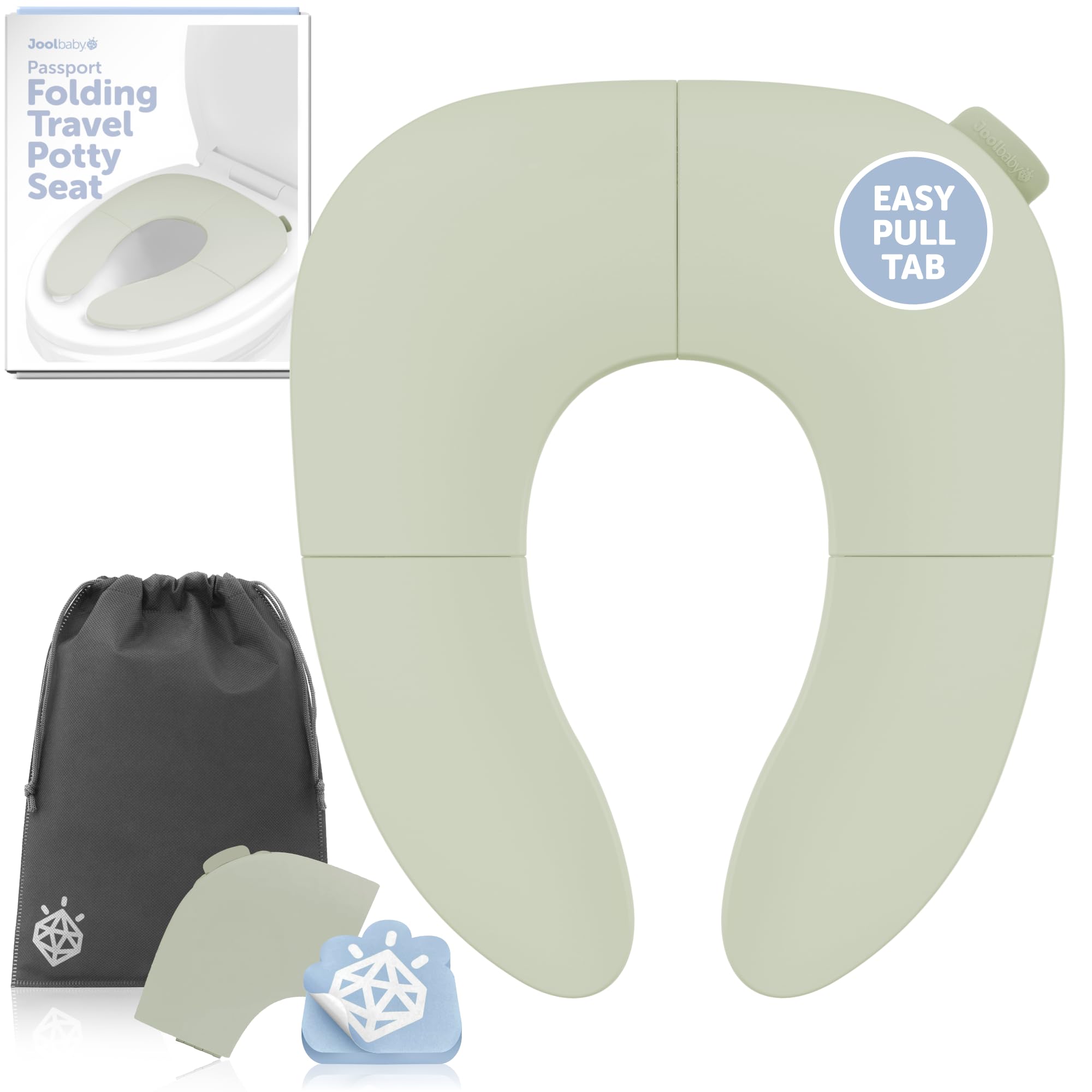 Jool Baby folding travel potty seat in Sage with pull tab and suction cups