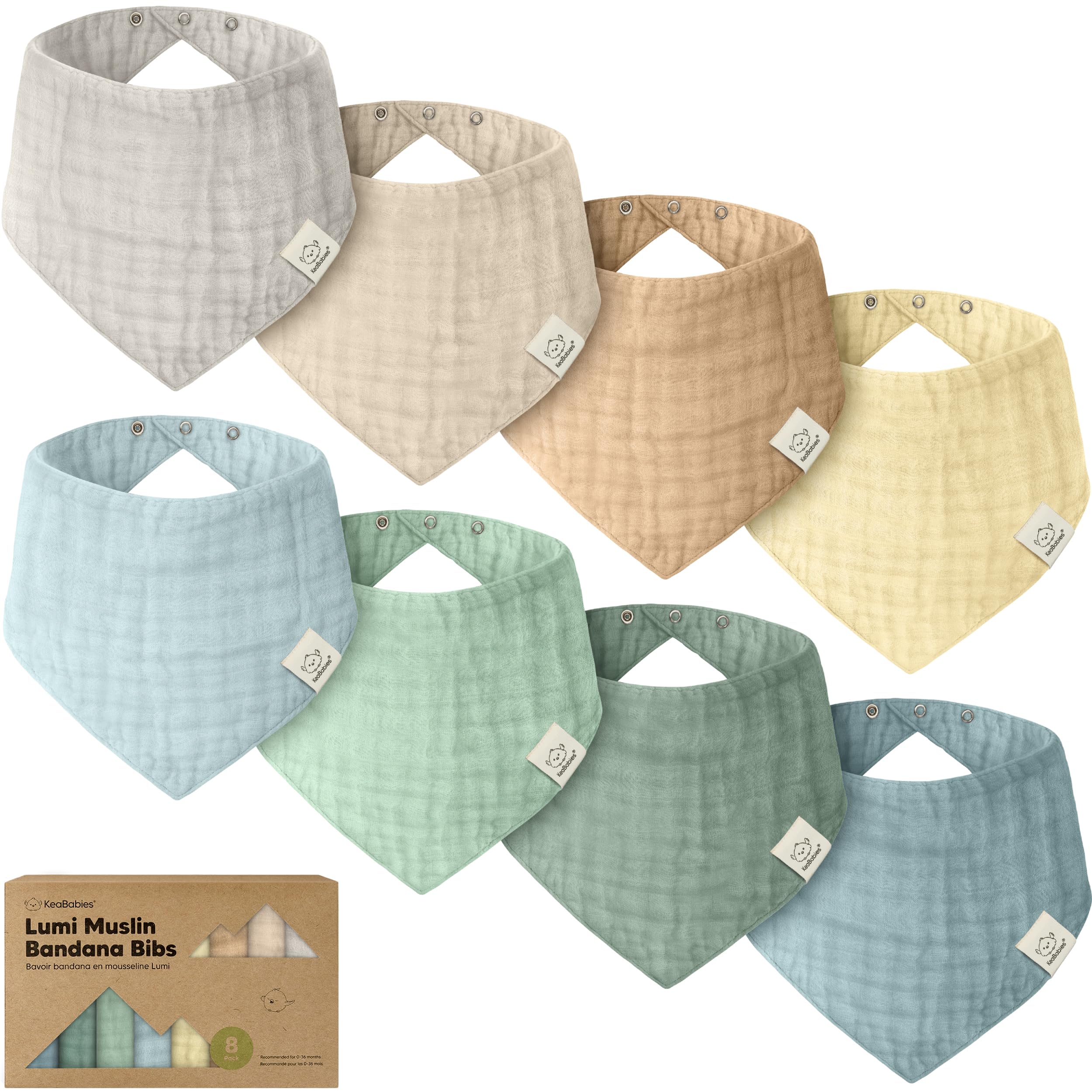 KeaBabies 8-Pack Muslin Baby Bibs in Mirage colorway laid flat