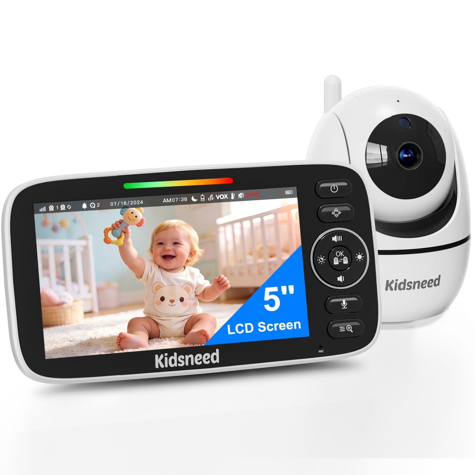 Kidsneed 5-inch no-WiFi baby monitor with camera on nightstand
