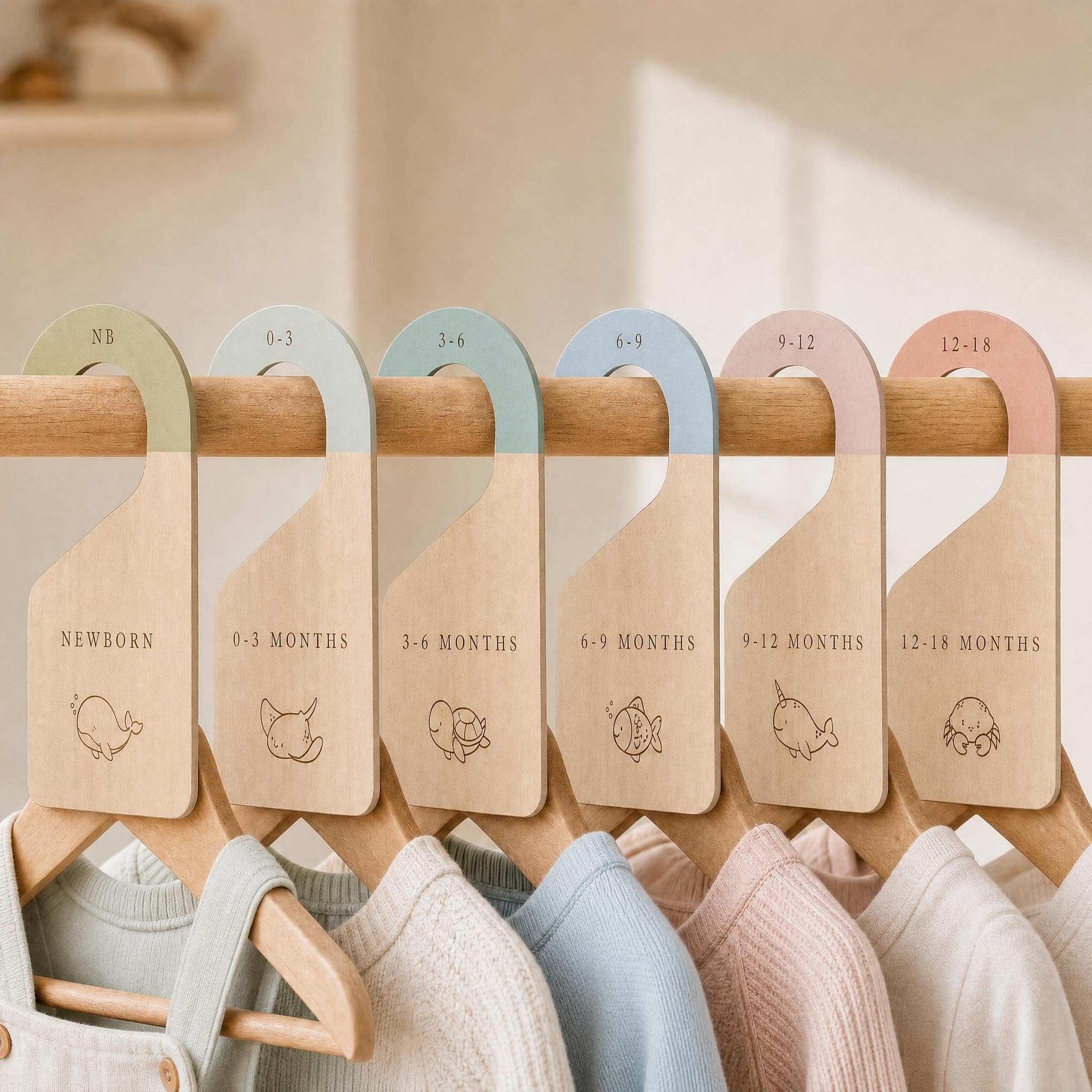 KIBAGA wooden baby closet dividers in a nursery setting