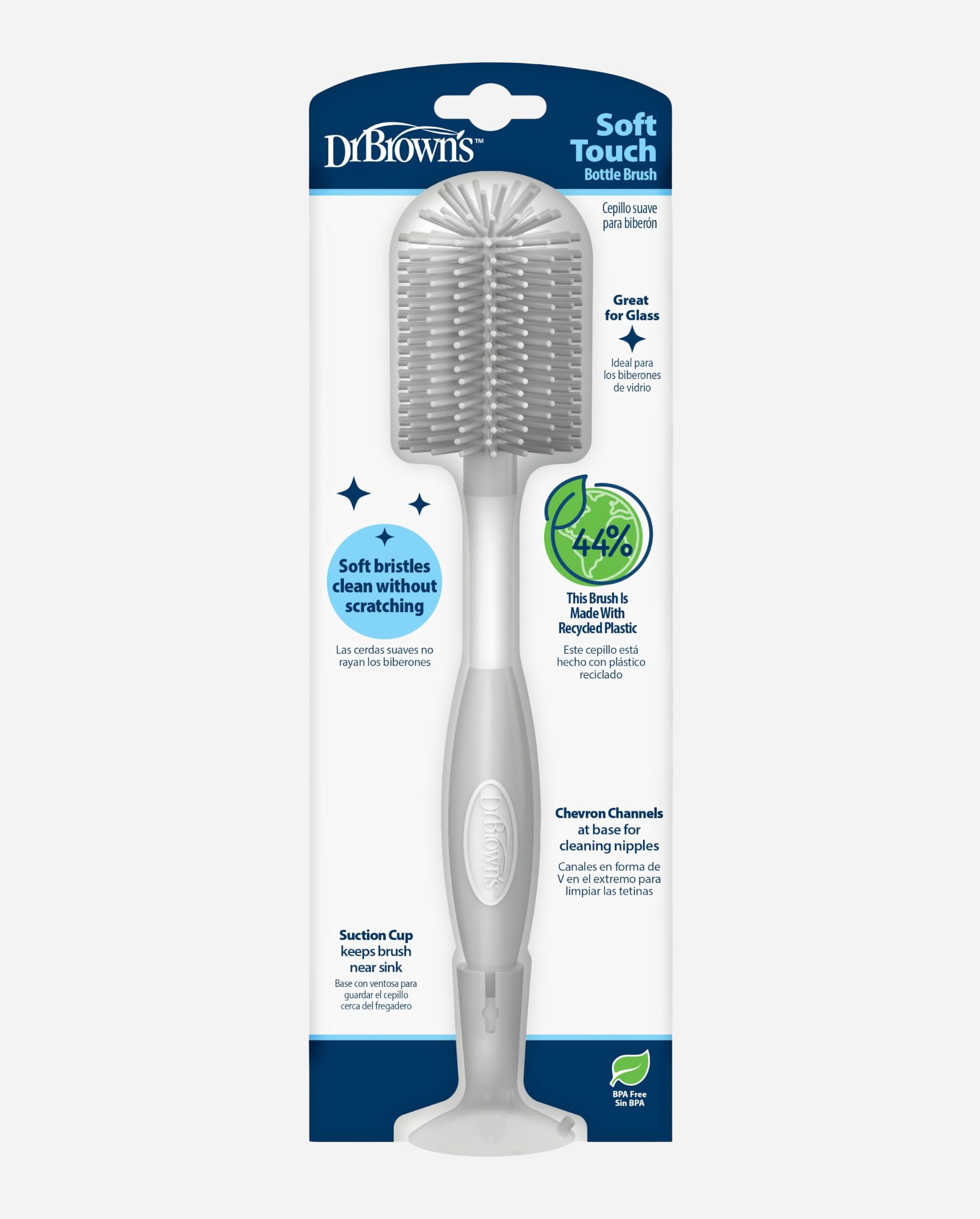 Dr. Brown's Soft Touch baby bottle cleaning brush with suction cup base in gray