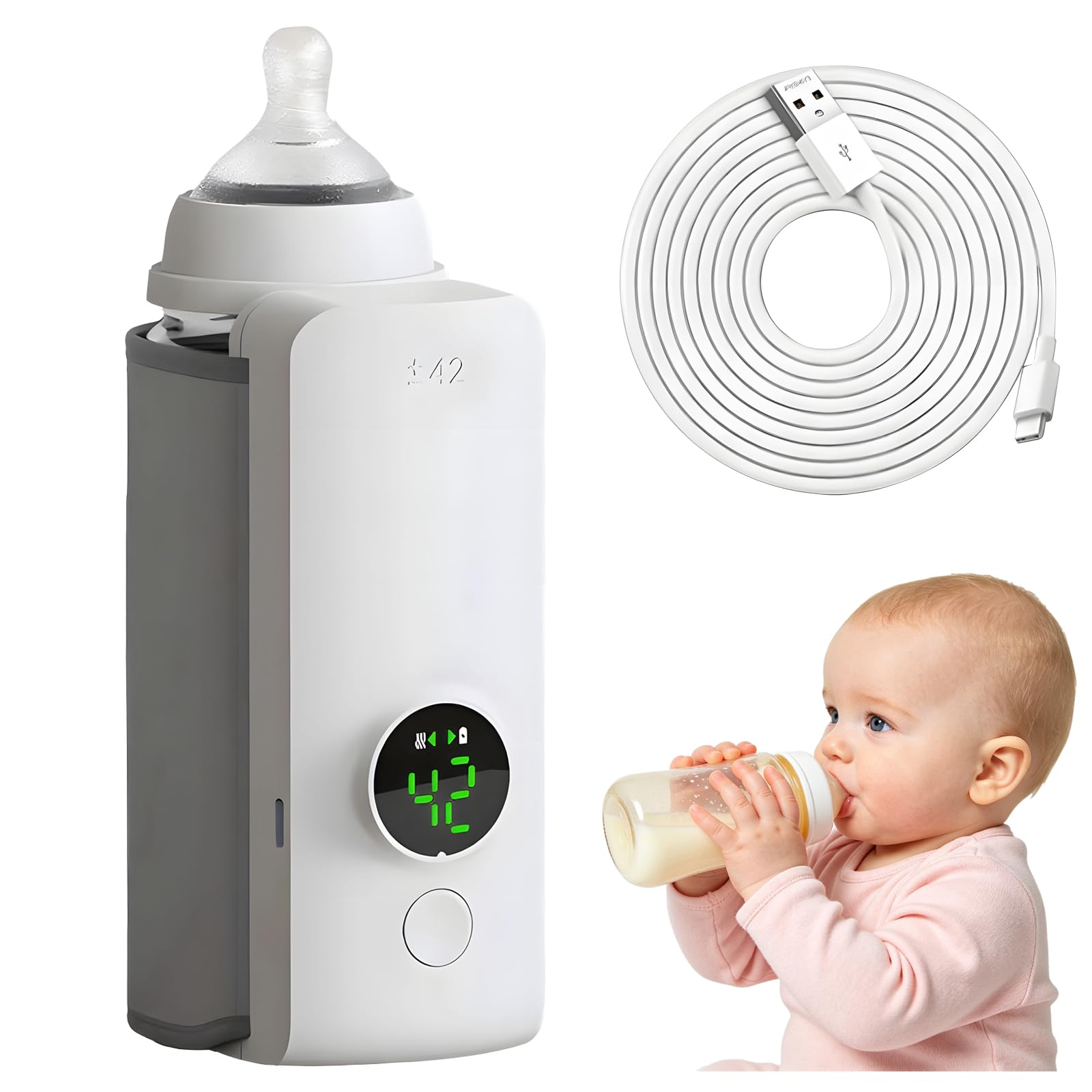 Smopgn portable bottle warmer wrapped around a baby bottle with temperature display visible