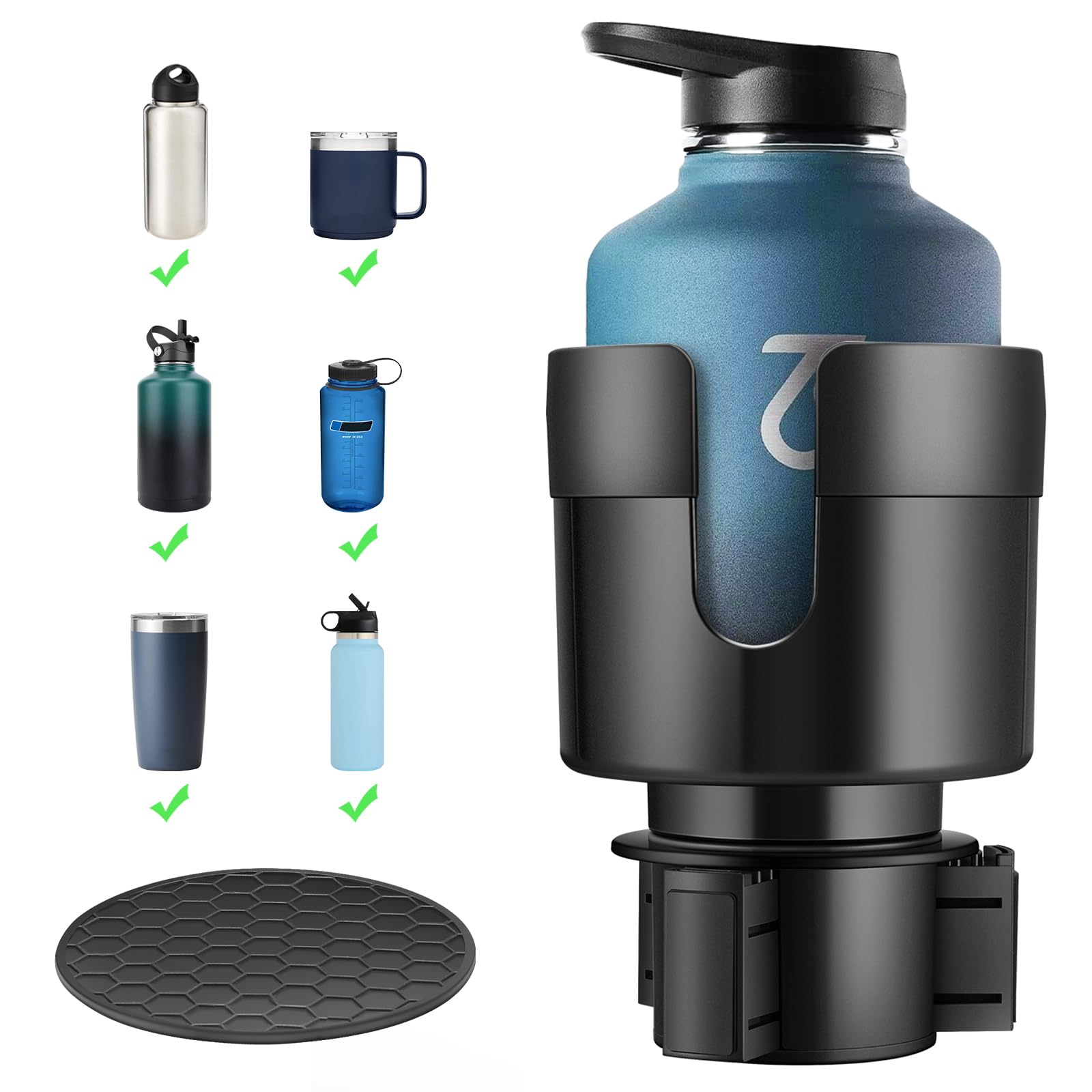 TYKOR car cup holder expander with adjustable base installed in vehicle