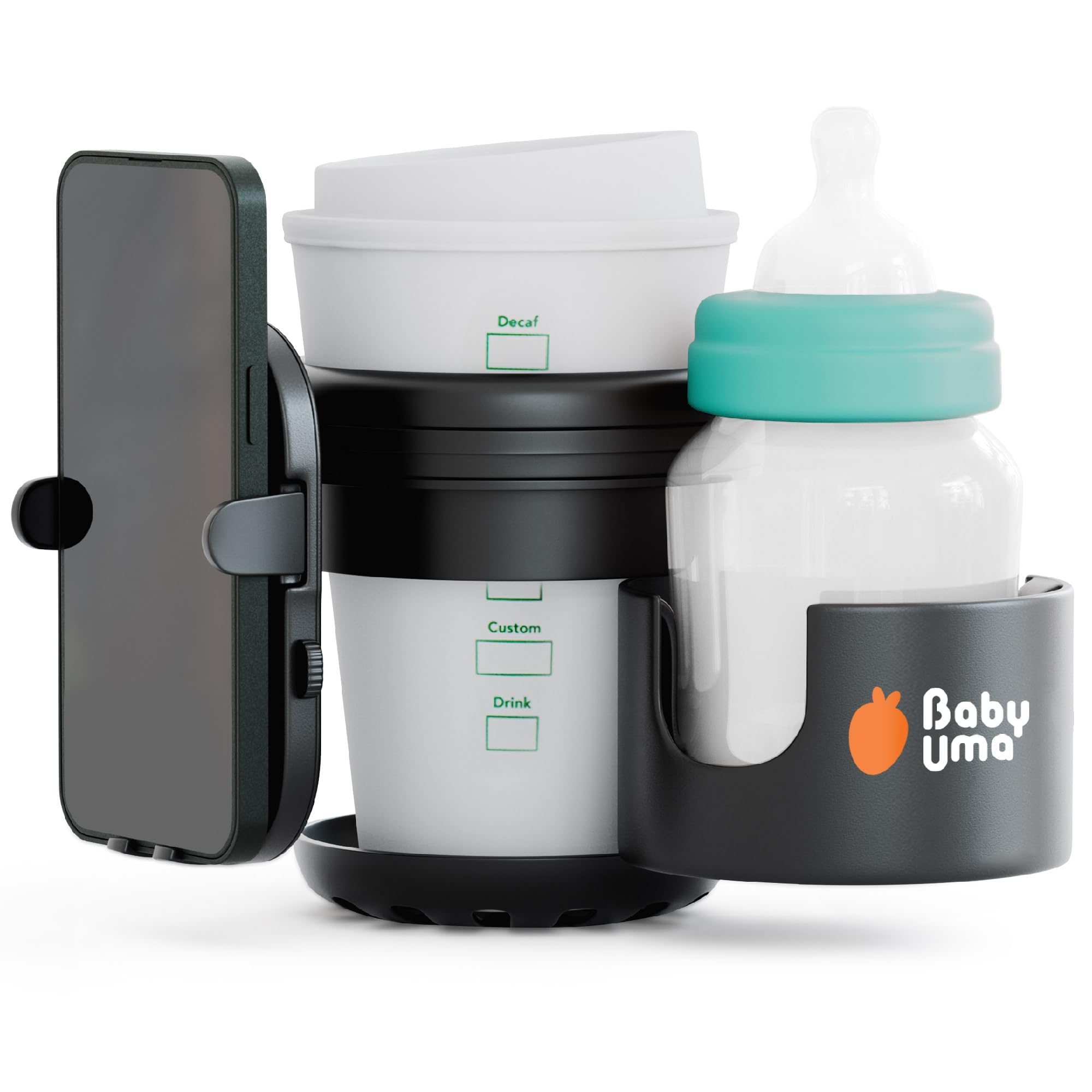 Baby Uma 3-in-1 Cup Holder Phone Holder mounted on a stroller handlebar