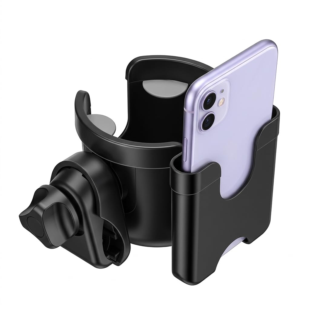 Suranew Universal Stroller Cup Holder with phone holder attached to stroller frame