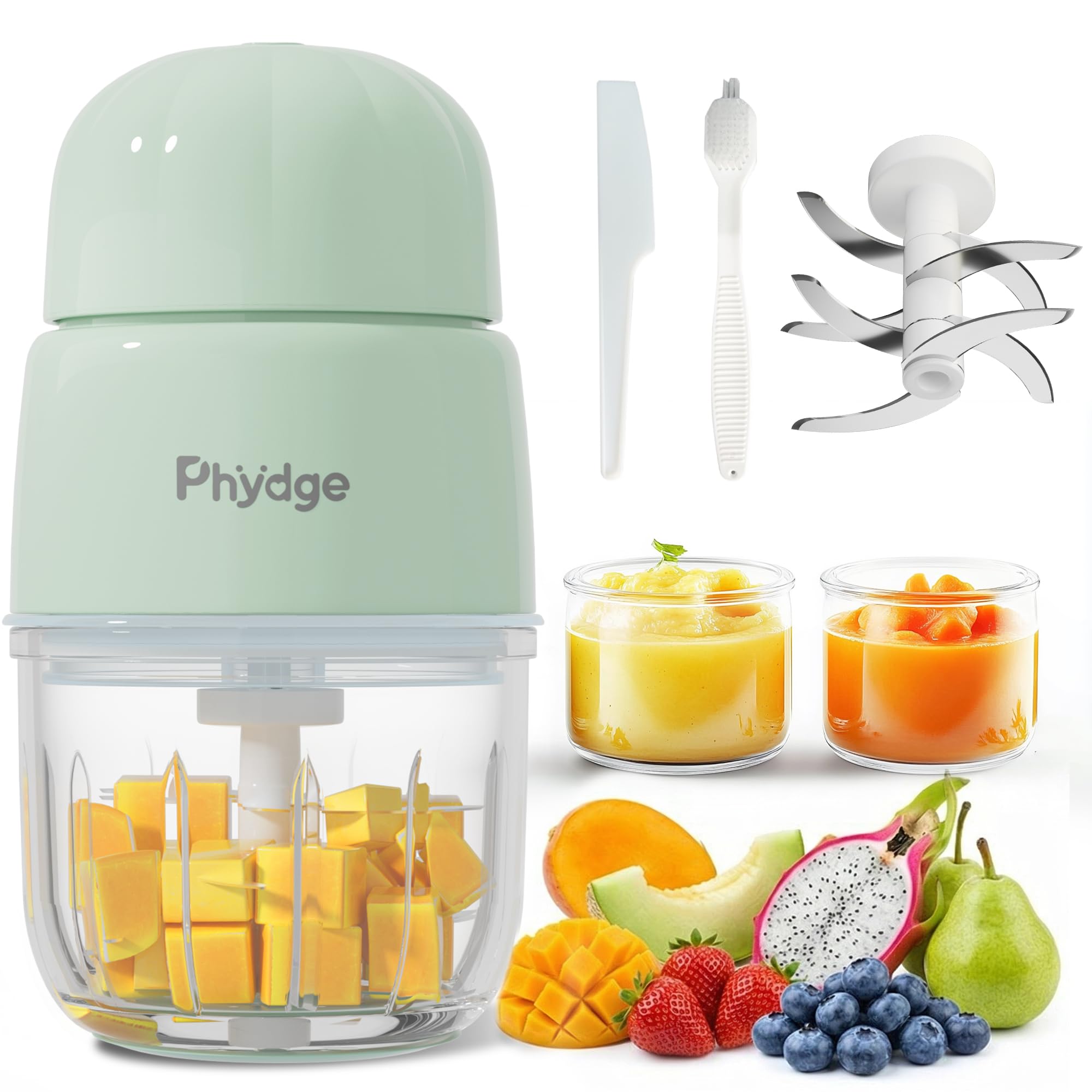 Phydge baby puree maker with glass bowl and eight stainless steel blades