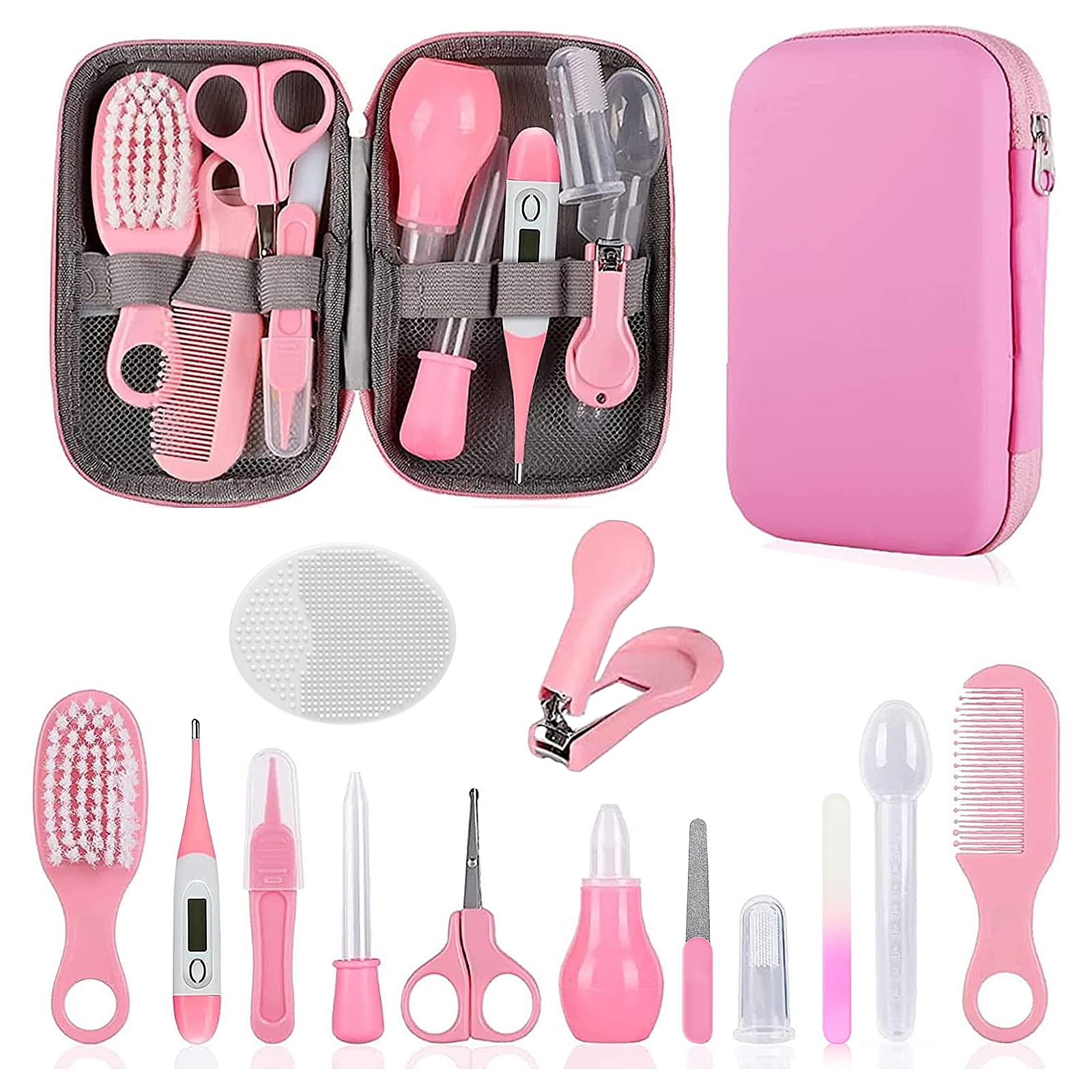 WXA 14-in-1 Baby Grooming Kit in Pink laid out with all accessories