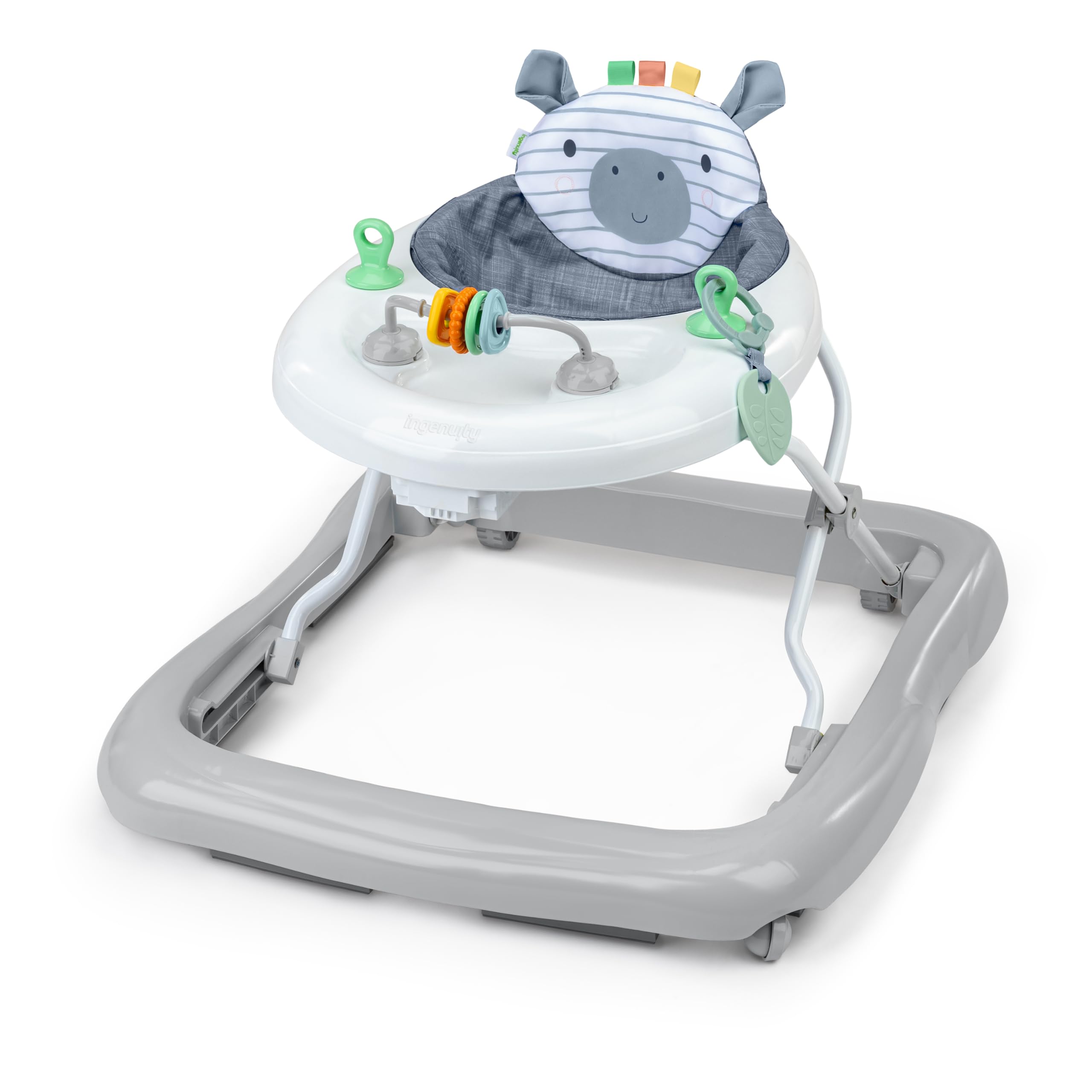 Ingenuity Smooth Strides Activity Baby Walker in chambray with Casi the Zebra seatback