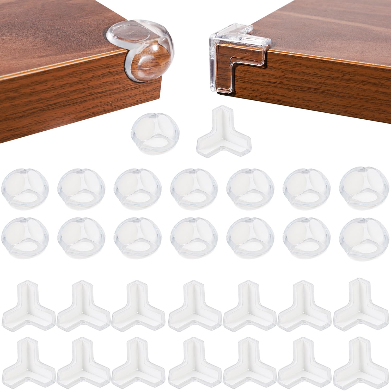 Clear corner protectors installed on a wooden table edge