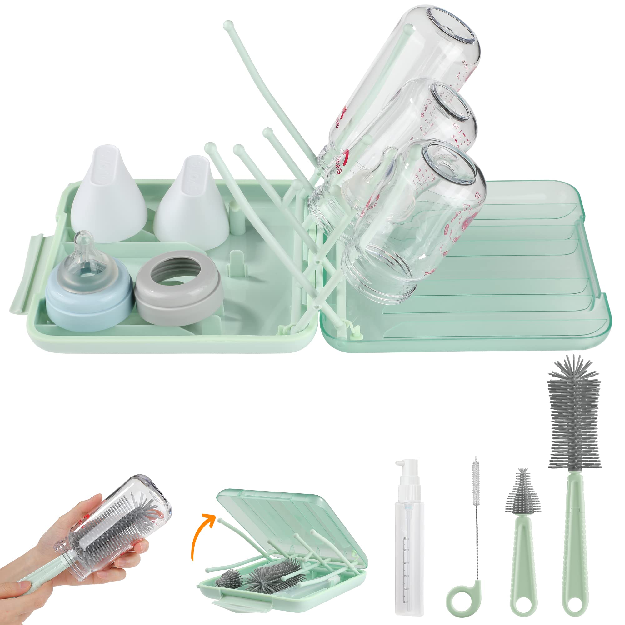 YomauiYee 6-in-1 silicone bottle brush travel kit in green carrying case