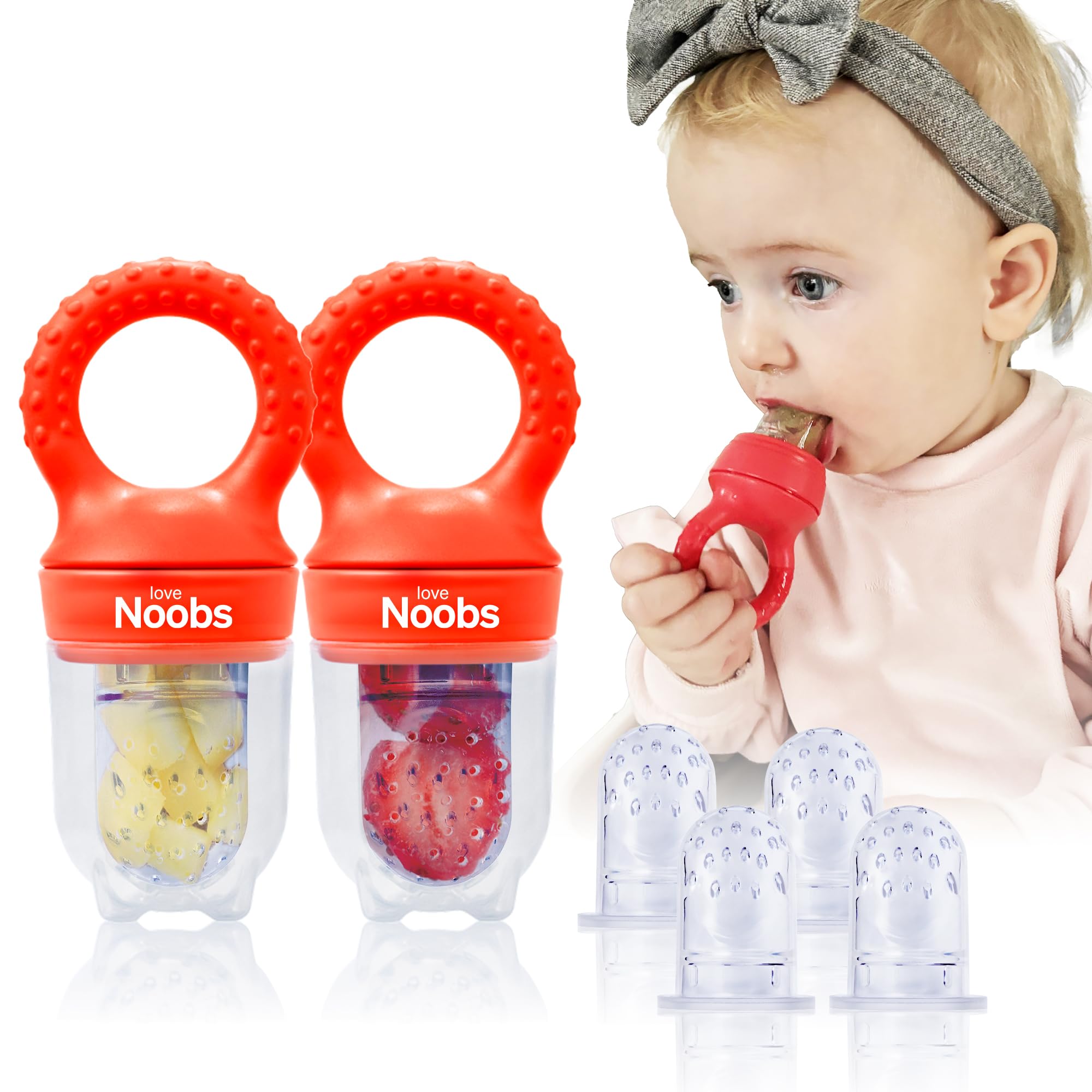 LoveNoobs Baby Fruit Feeder 2 Pack silicone feeders with teats and hygiene caps
