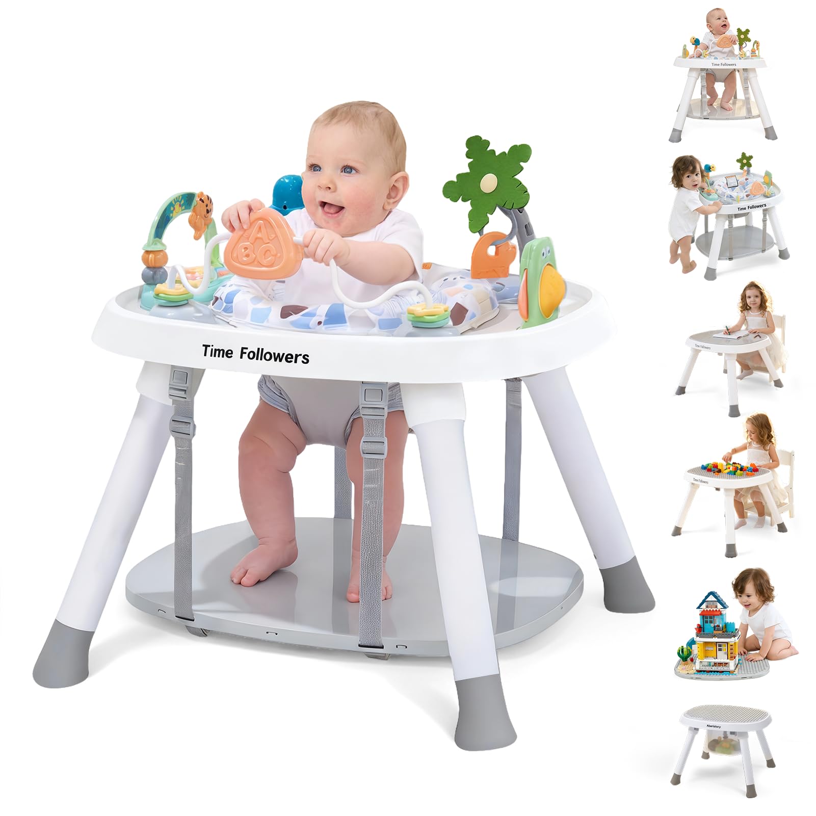 Time Followers 6-in-1 Baby Activity Center in White with Montessori-inspired toys